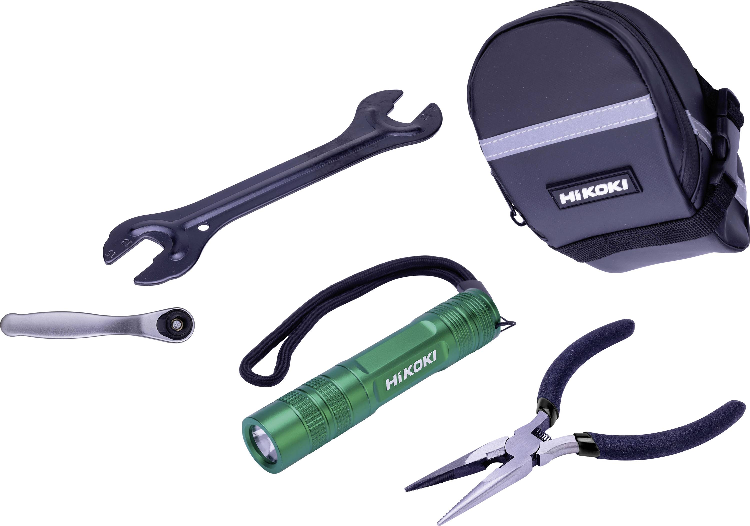 HIKOKI Werkzeugsatz mit Schraubenschlüssel, Ratsche, Taschenlampe, Zange und Transporttasche auf weißem Hintergrund.