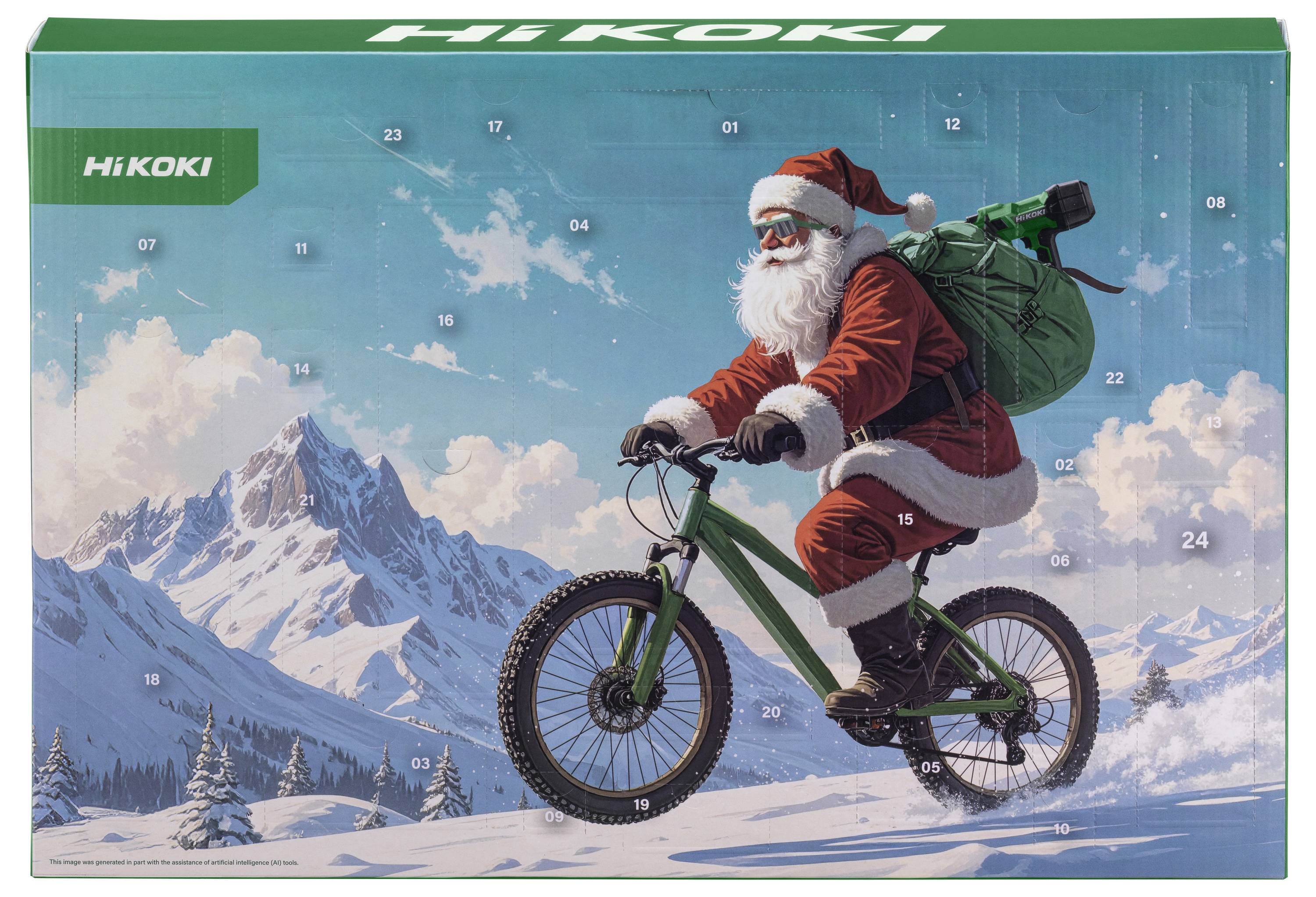HIKOKI-Verpackung mit dem Weihnachtsmann, der auf einem grünen Fahrrad durch schneebedeckte Berge fährt, mit nummerierten Adventskalender-Panels im Stil eines Adventskalenders.