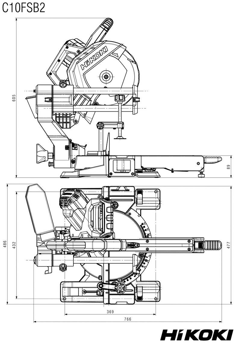 Technische Linienzeichnung einer HiKOKI C10FSB2 Gehrungssäge mit Seiten- und Draufsichten mit Abmessungen.