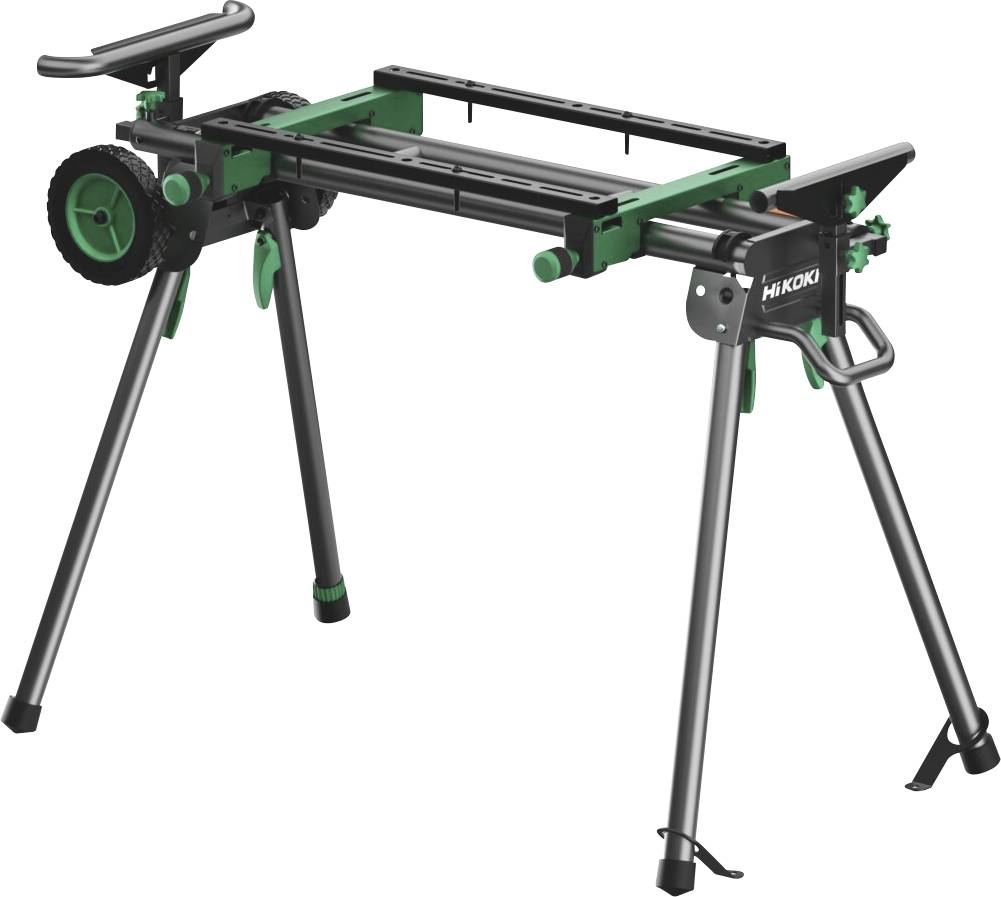 Tragbarer HiKOKI Baustellen-Sägenständer mit klappbaren Beinen und Rädern zum Transport einer Gehrungssäge.