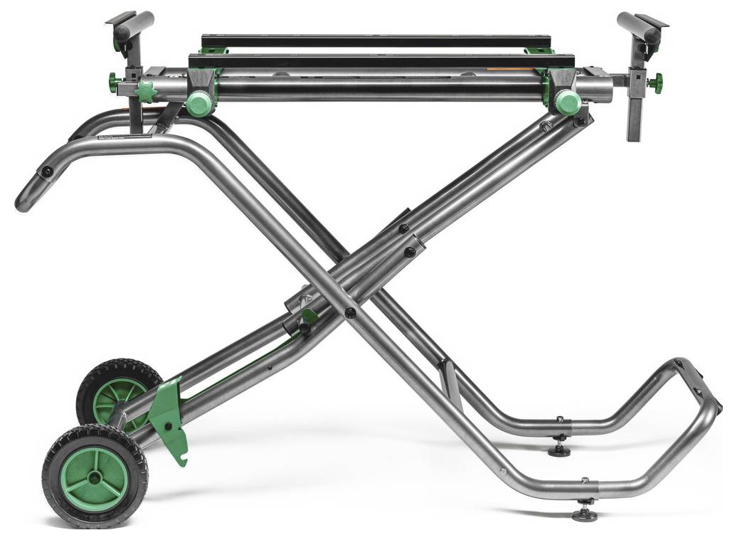 Gefalteter Metallklapptransporter mit zwei Hinterrädern und einer oben angebrachten Klemmschiene, gezeigt auf weißem Hintergrund.