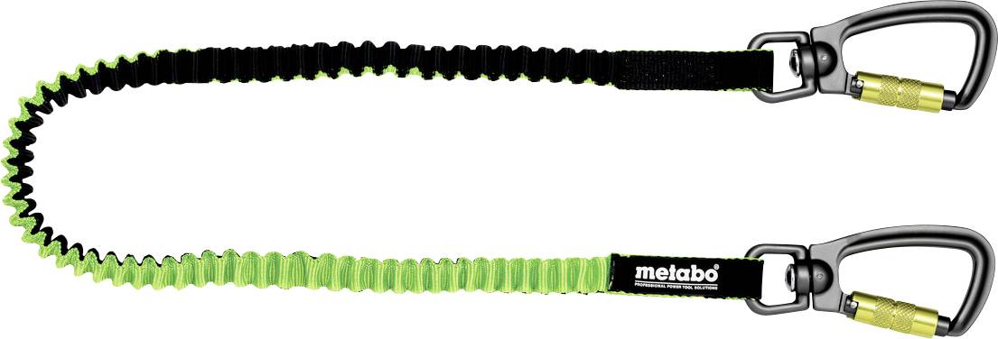 Zwei aufgerollte Sicherheitslanyards mit Karabinerhaken, eine schwarze und eine schwarz-grüne mit Metabo-Branding, auf weißem Hintergrund gezeigt.