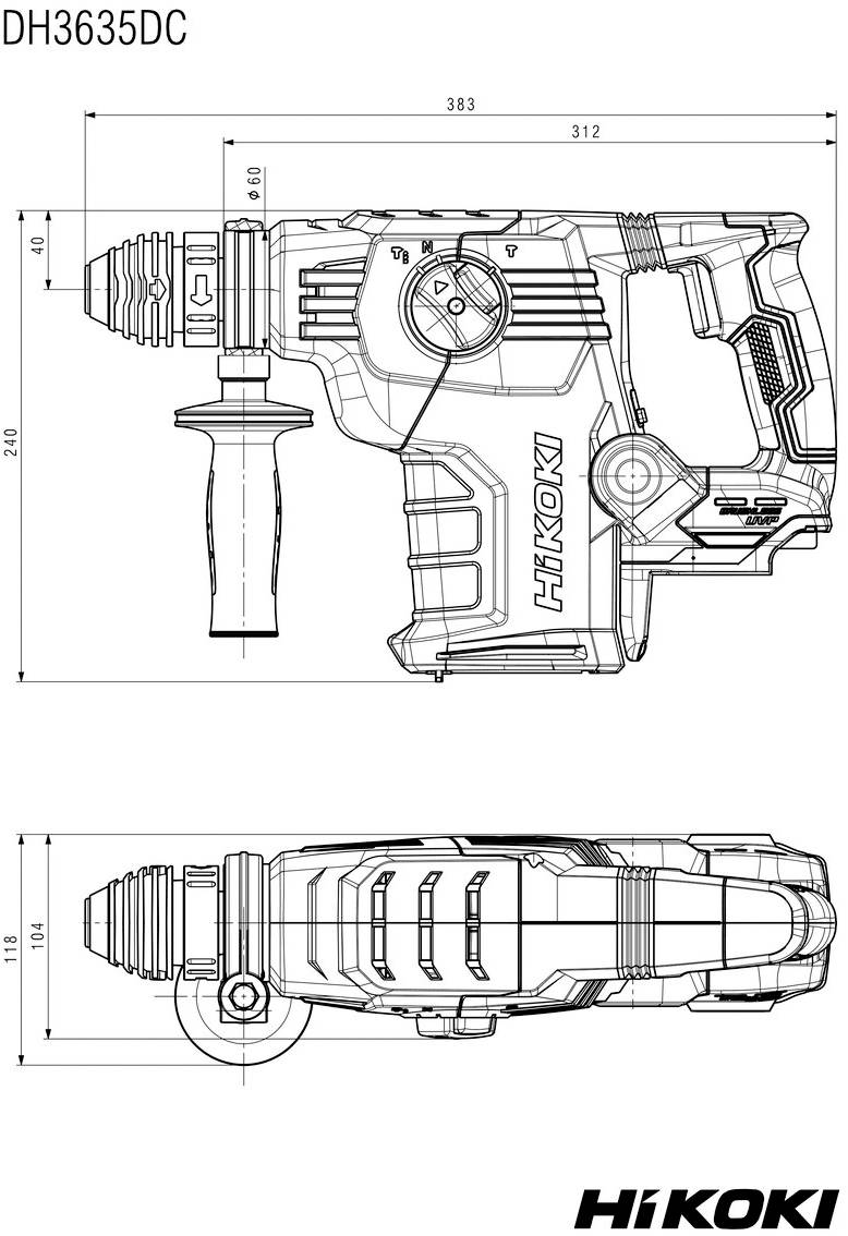 Technische Strichzeichnung eines HIKOKI-Bohrhammers DH3635DC, dargestellt in Seiten- und Draufsicht mit Abmessungen und Zusatzgriff.