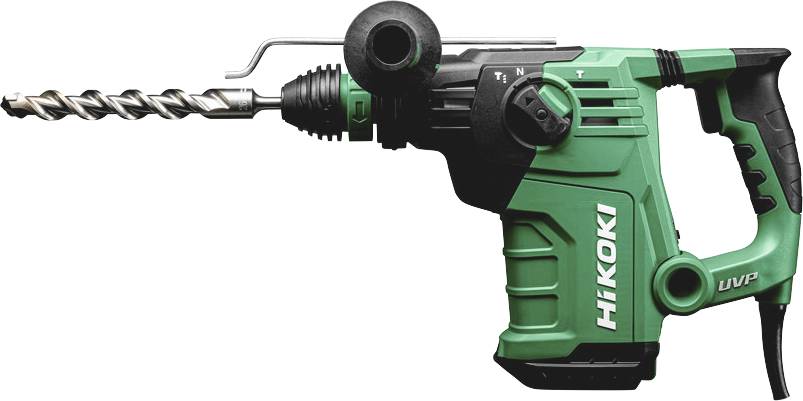 Grün-schwarzer Hikoki-Elektro-Rotary-Hammerbohrehammer mit Seitengriff und langem Bohrer auf weißem Hintergrund.