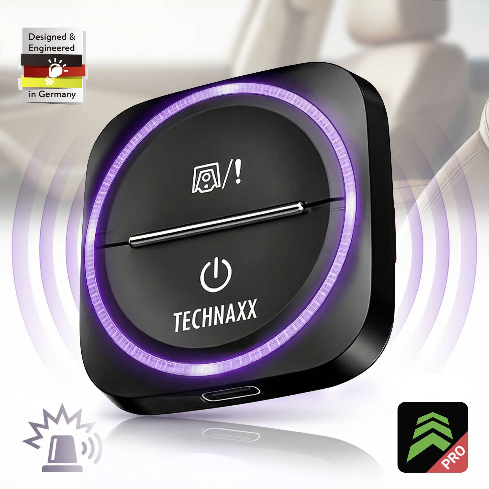 Schwarzer TECHNAXX Alarmsensor mit violettem LED-Ring und drahtlosen Signalwellen; Badge „Designed & Engineered in Germany