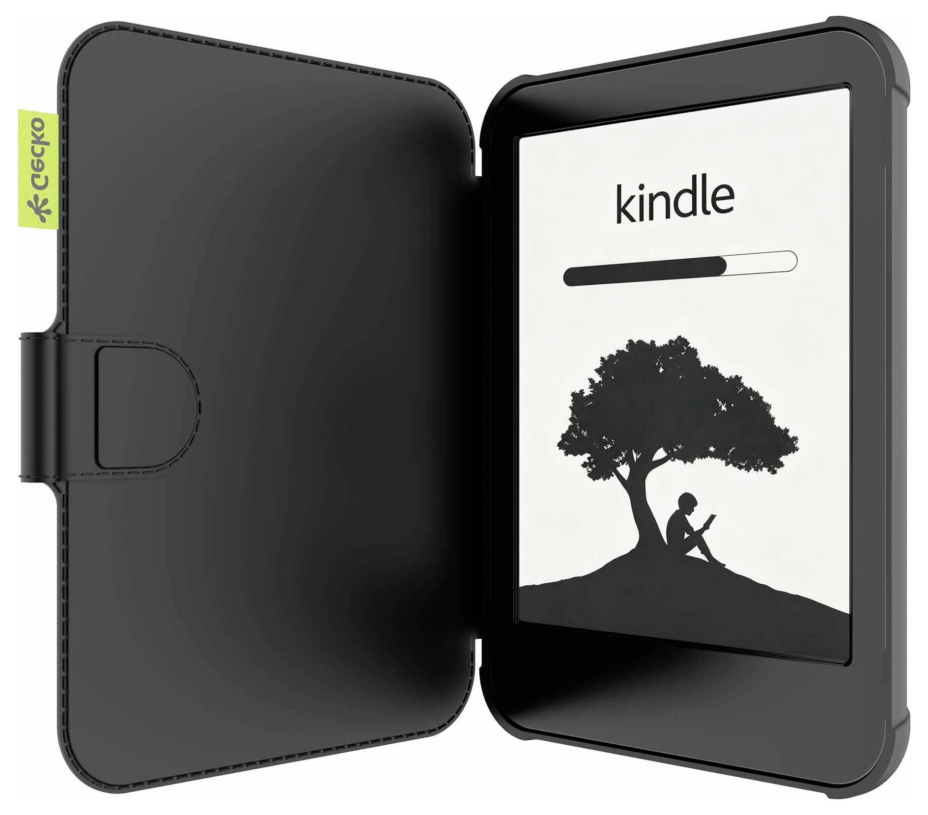 Kindle E-Reader in einem schwarzen Schutzfolioetui, geöffnet mit Bildschirm, der eine Ladebalken und eine Baumlesesilhouette anzeigt.