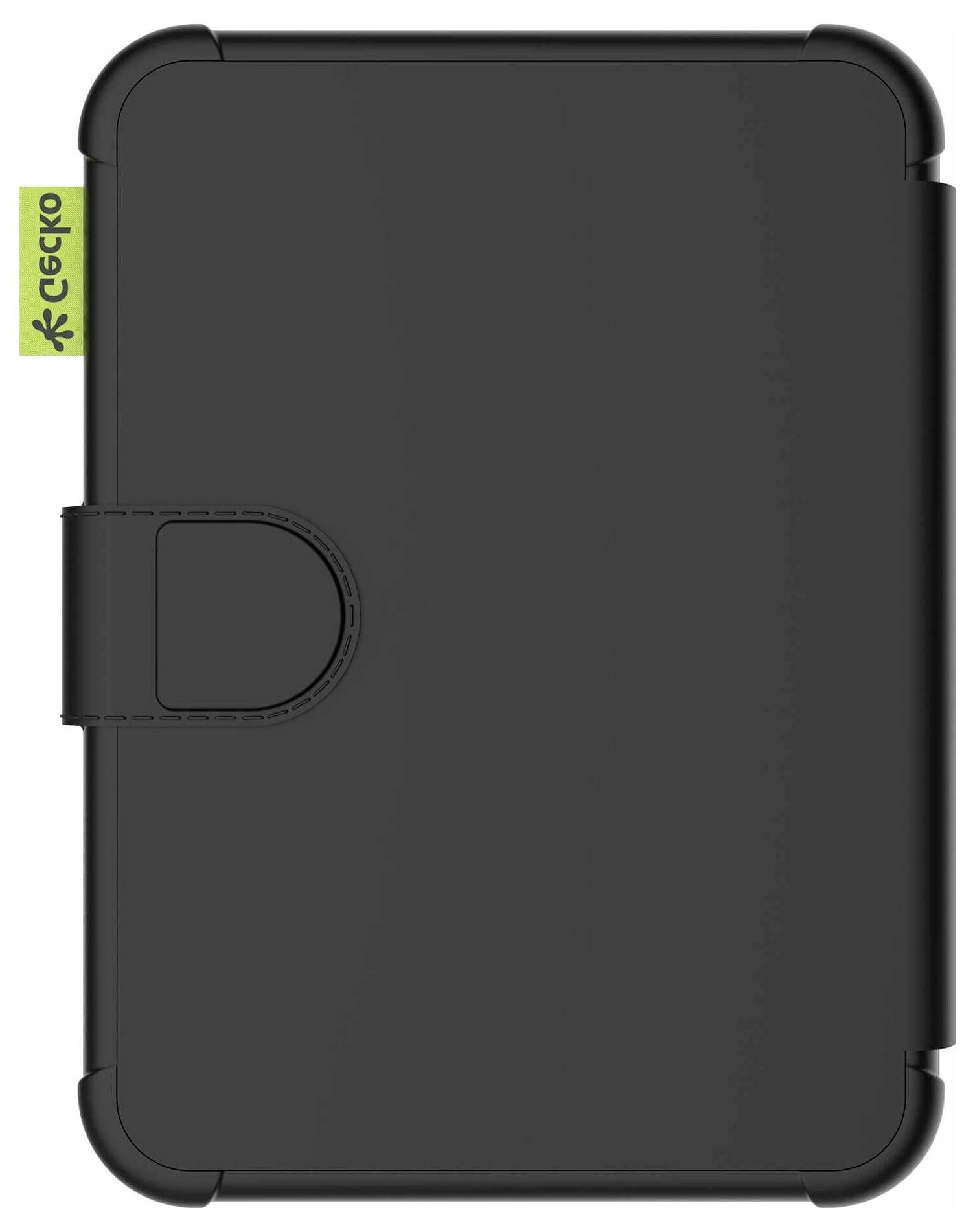 Schwarze Folio-Schutzhülle für Tablets mit seitlicher Klappe und grünem 'ceeko'-Etikett, geschlossen vor weißem Hintergrund gezeigt.