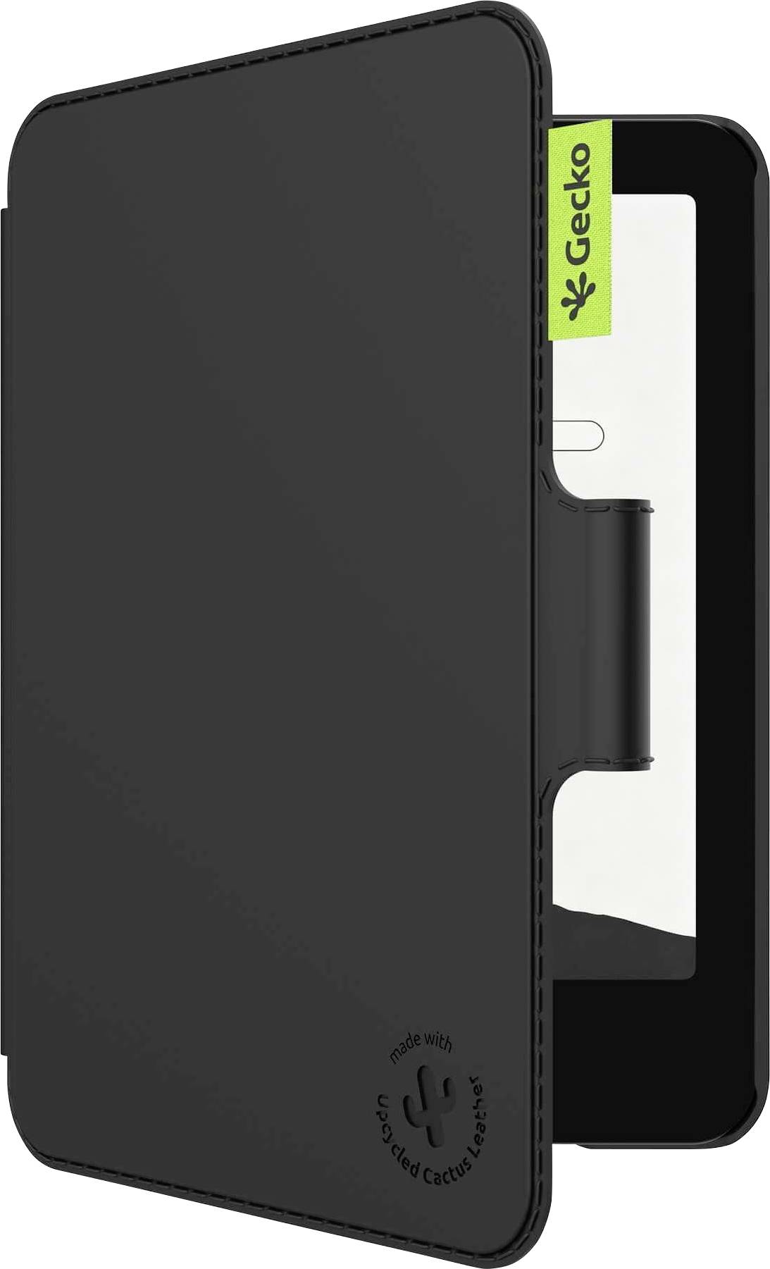 Schwarze Geckos Tablet-Schutzhülle mit geschlossenem Frontdeckel, zeigt eine Ständerlasche und Kameraausschnitt.