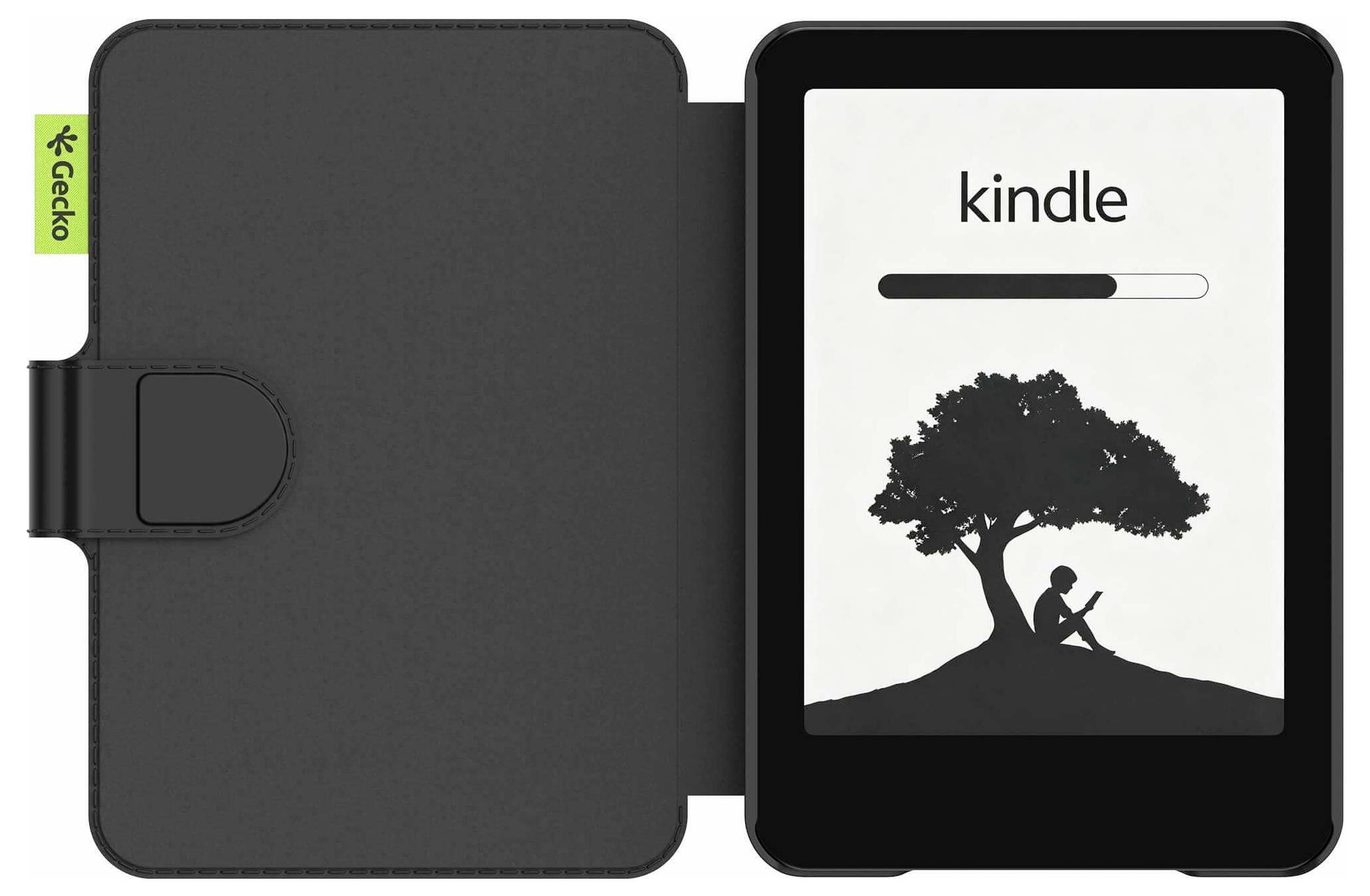 Schwarzes Folio-Etui mit einem Kindle e-Reader, geöffnet dargestellt, wobei der Bildschirm „kindle