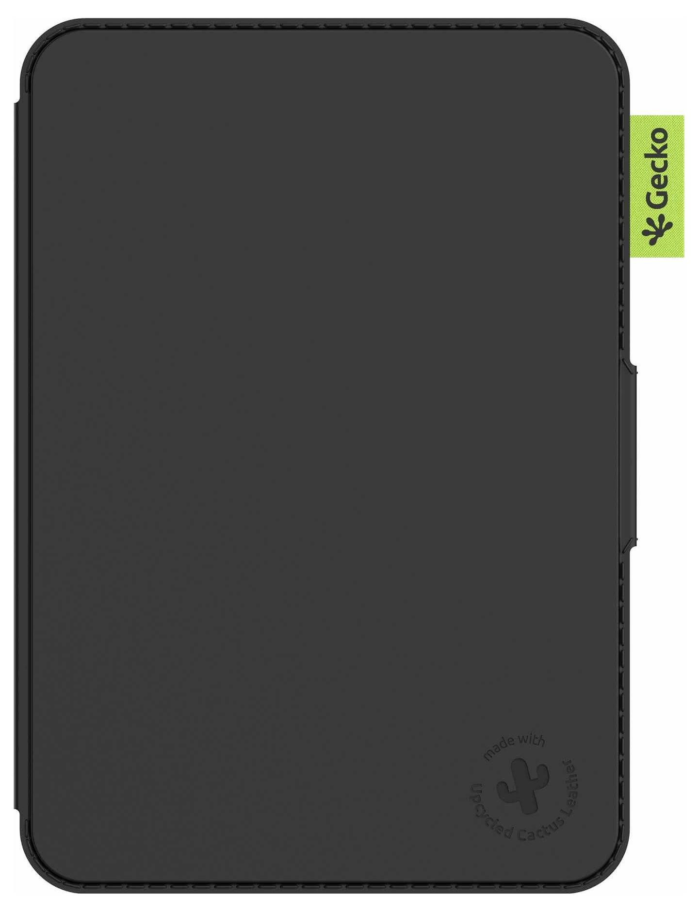 Schwarze Gecko-Tablet-Folio-Schutzhülle mit geschlossenem Deckel, die auf der rechten Kante ein kleines grünes 