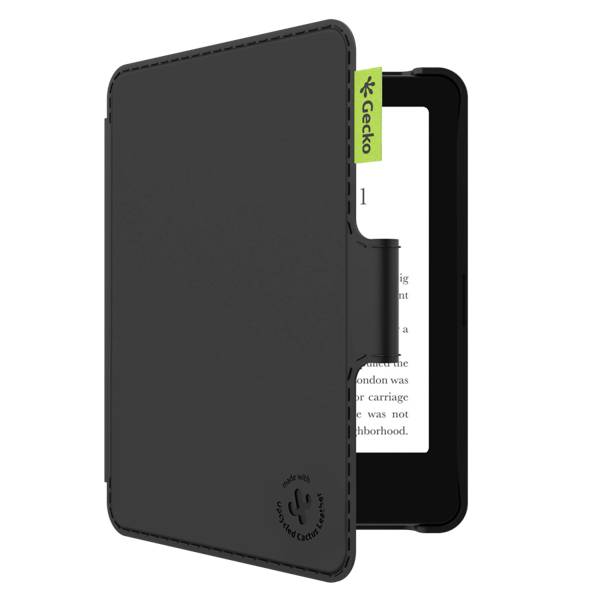 Black Gecko folio e-reader case mit magnetischem Cover, offen dargestellt mit einem Tablet oder E-Reader im Inneren.