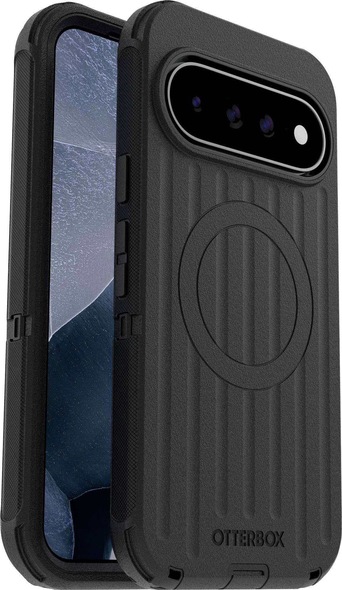 OtterBox-Smartphone-Hülle in Schwarz, von vorne und hinten gezeigt, mit erhöhtem Kameraschutz und kreisförmigem MagSafe-ähnlichem Ring.