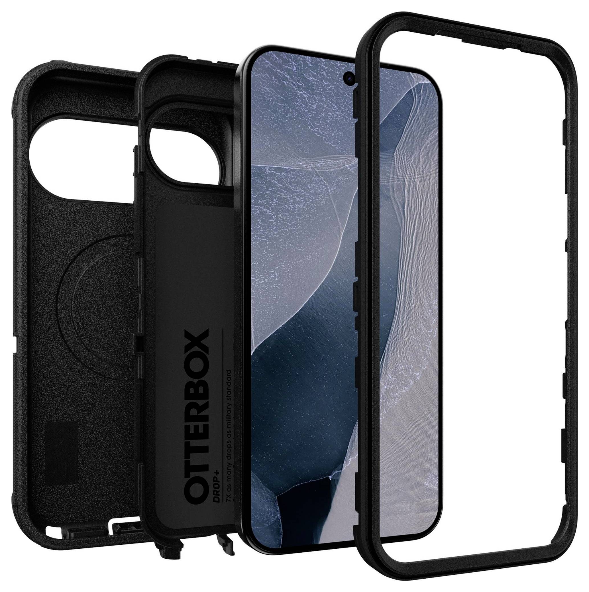 OtterBox-Handyhülle in Explosionsansicht, mit drei schwarzen Schutzschichten, die um einen Smartphone-Bildschirm und Rahmen angeordnet sind.