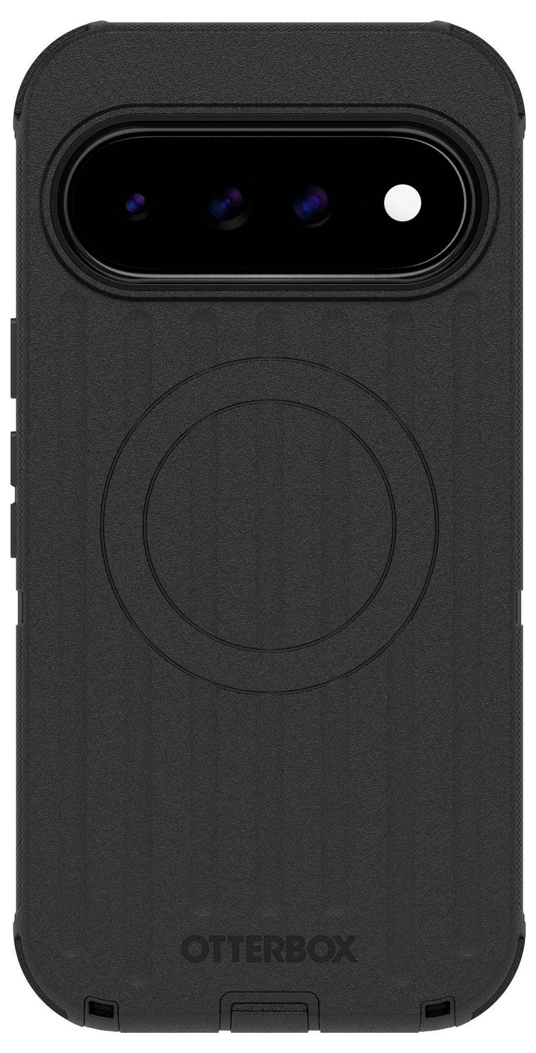 Schwarze OtterBox-Handyhülle von hinten gezeigt, mit dreifachen Kameraausschnitten und einem zentrierten kreisförmigen MagSafe-ähnlichen Ring.