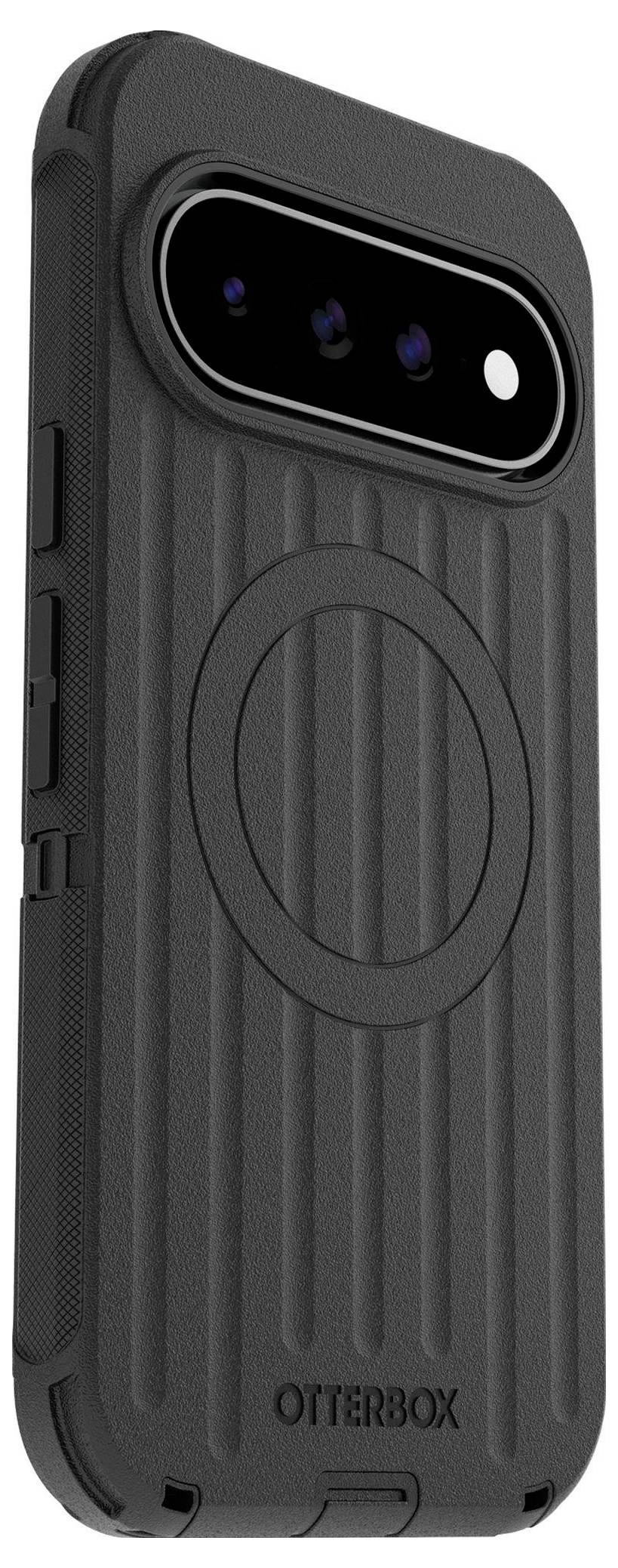 Schwarze OtterBox-Smartphone-Schutzhülle mit erhöhtem Kameraausschnitt und zentriertem ringförmigem MagSafe-ähnlichem Magnetring auf der Rückseite.
