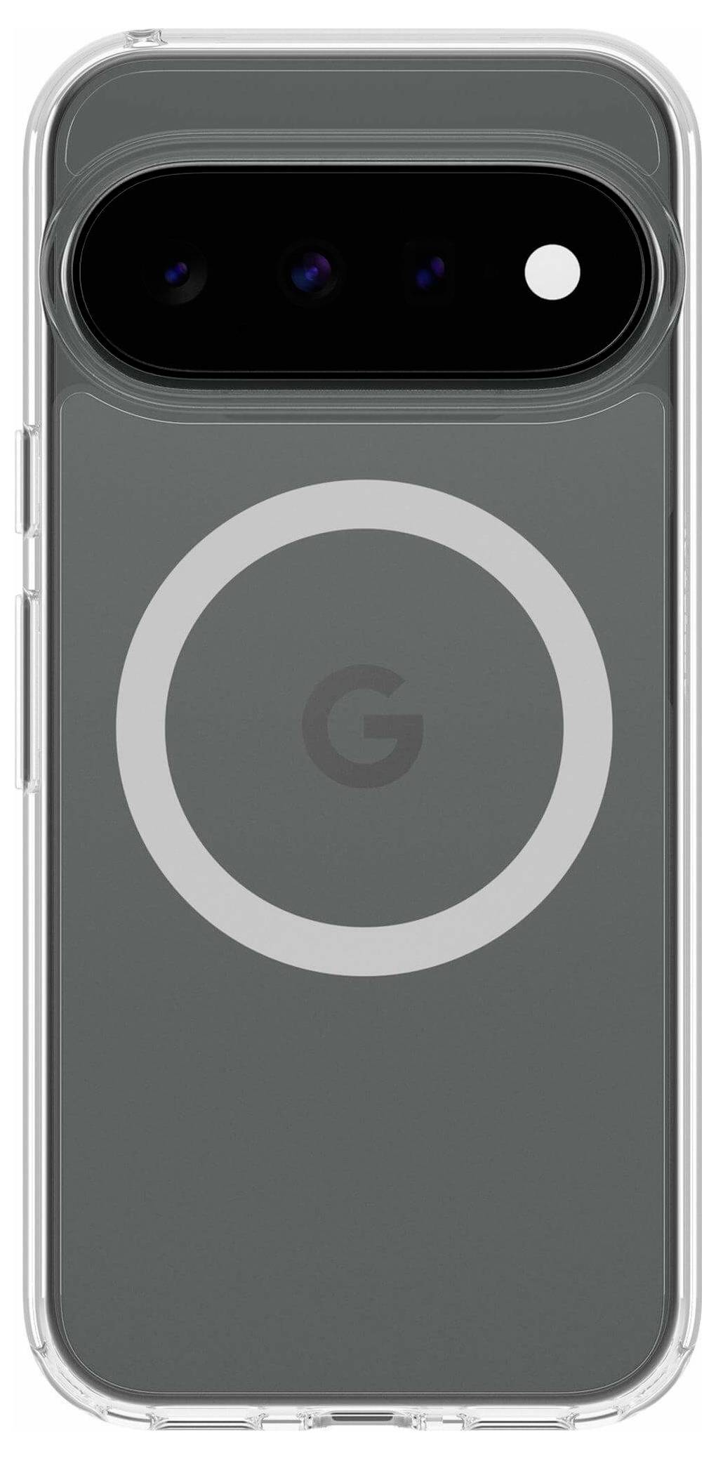 Rückseite eines grauen Google Pixel-Telefons mit einem großen kreisförmigen Kameraring und einer pillenförmigen dreifachen Kameraleiste oben.
