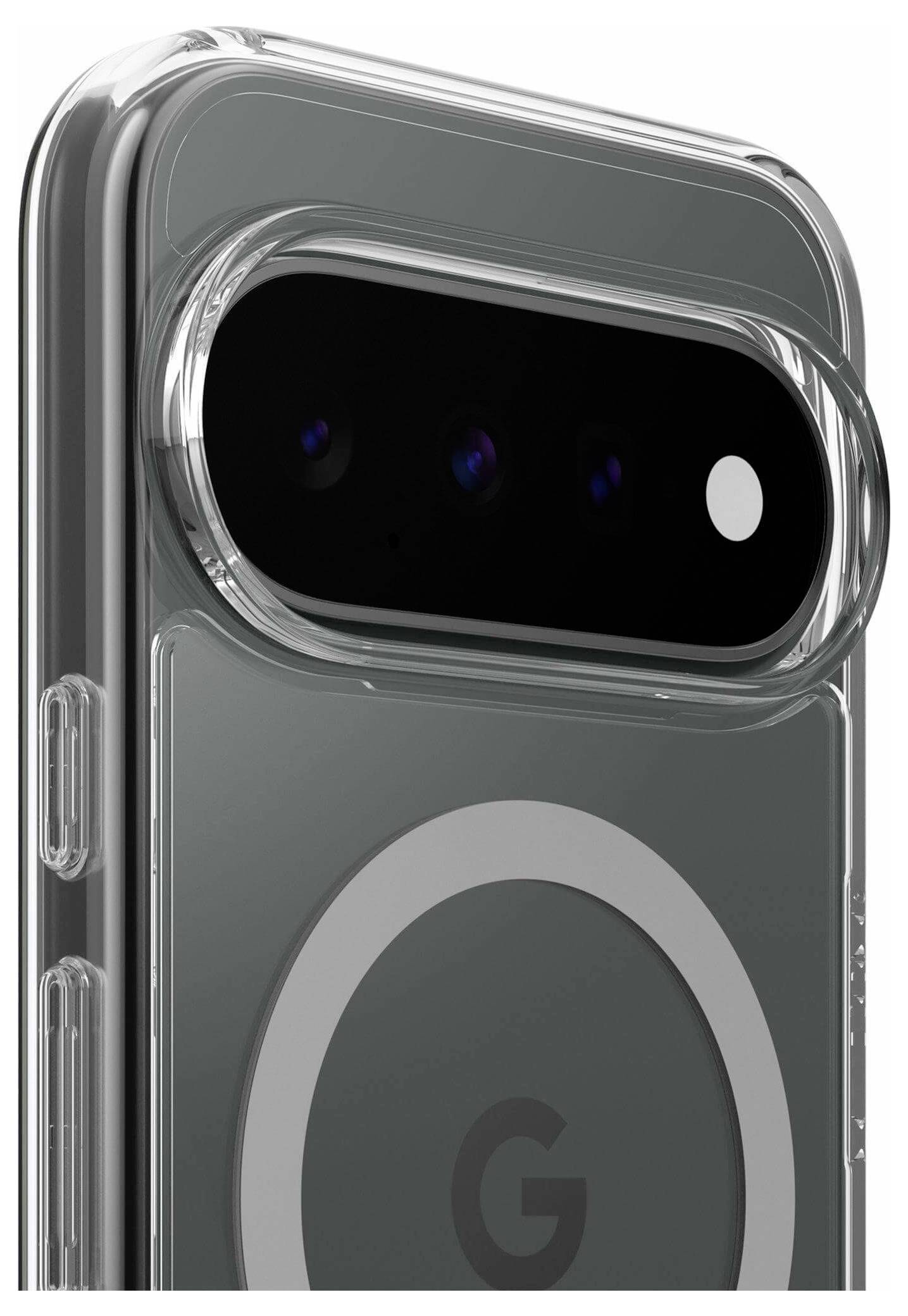 Nahaufnahme eines Smartphones in einer transparenten Schutzhülle, die eine große hintere Kameraleiste und einen kreisförmigen magnetischen Ladecomputer mit einem 