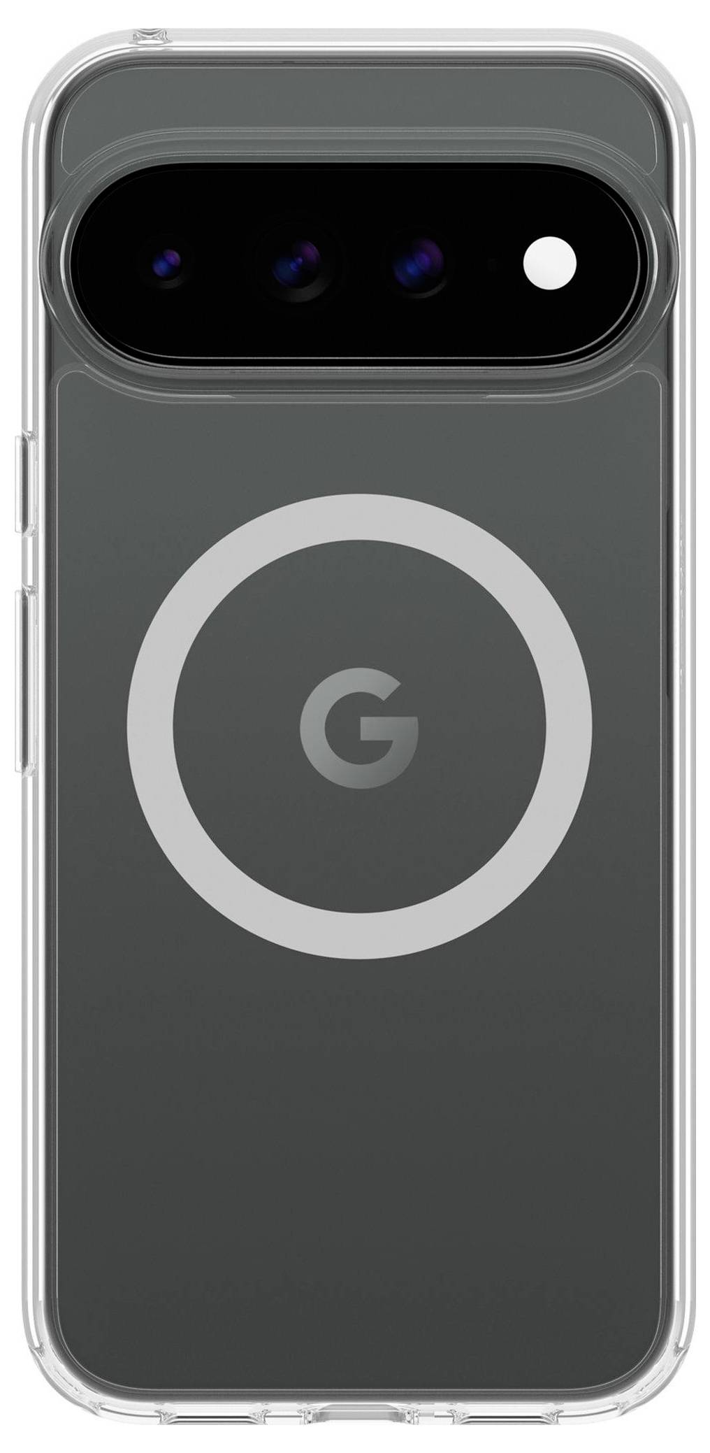 Rückseite eines dunkelgrauen Google-Telefons in einer transparenten Hülle, die eine horizontale Dreifach-Kamerazeile und ein zentriertes Google-Logo zeigt.