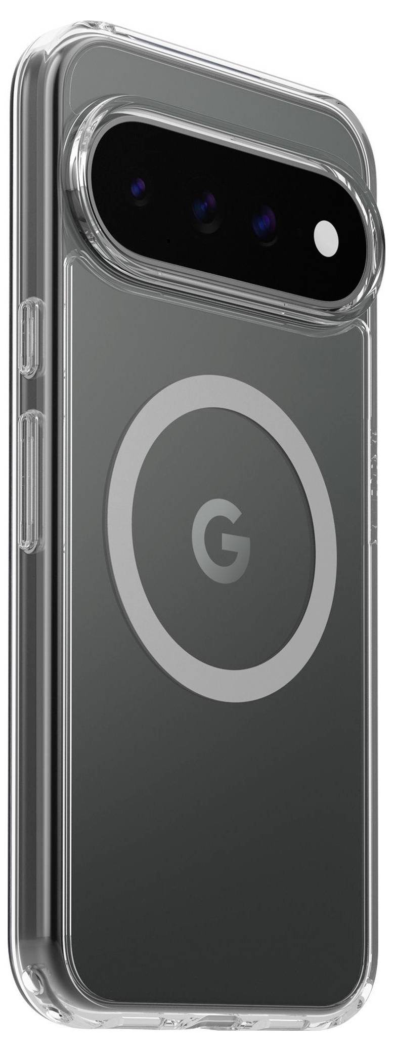 Transparente Schutzhülle für ein Smartphone mit großem kreisförmigem MagSafe-ähnlichem Ring und horizontalem Kameraleisten-Ausschnitt oben.
