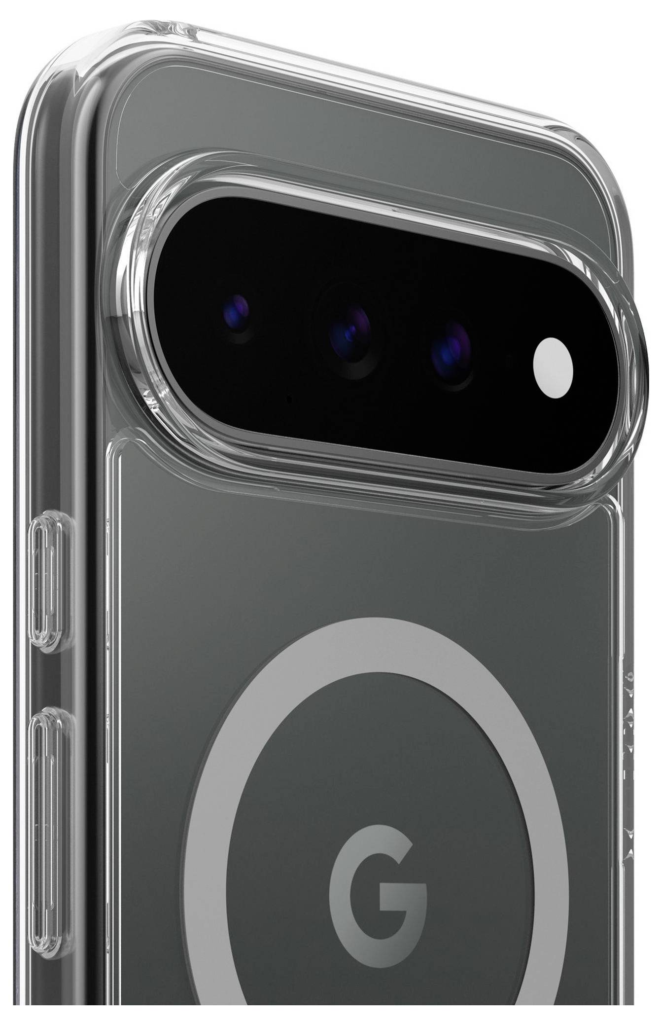 Transparente Schutzhülle auf der Rückseite eines Smartphones, die die Kameraleiste und ein kreisförmiges 