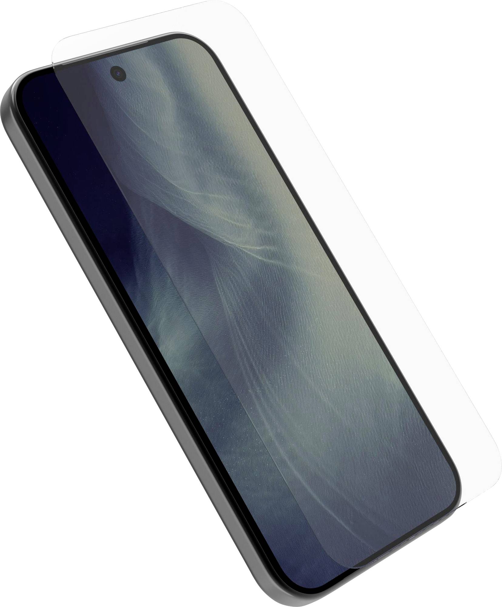 Ein Smartphone mit einer klaren Schutzfolien-Displayschutz, das im Winkel auf weißem Hintergrund gezeigt wird.