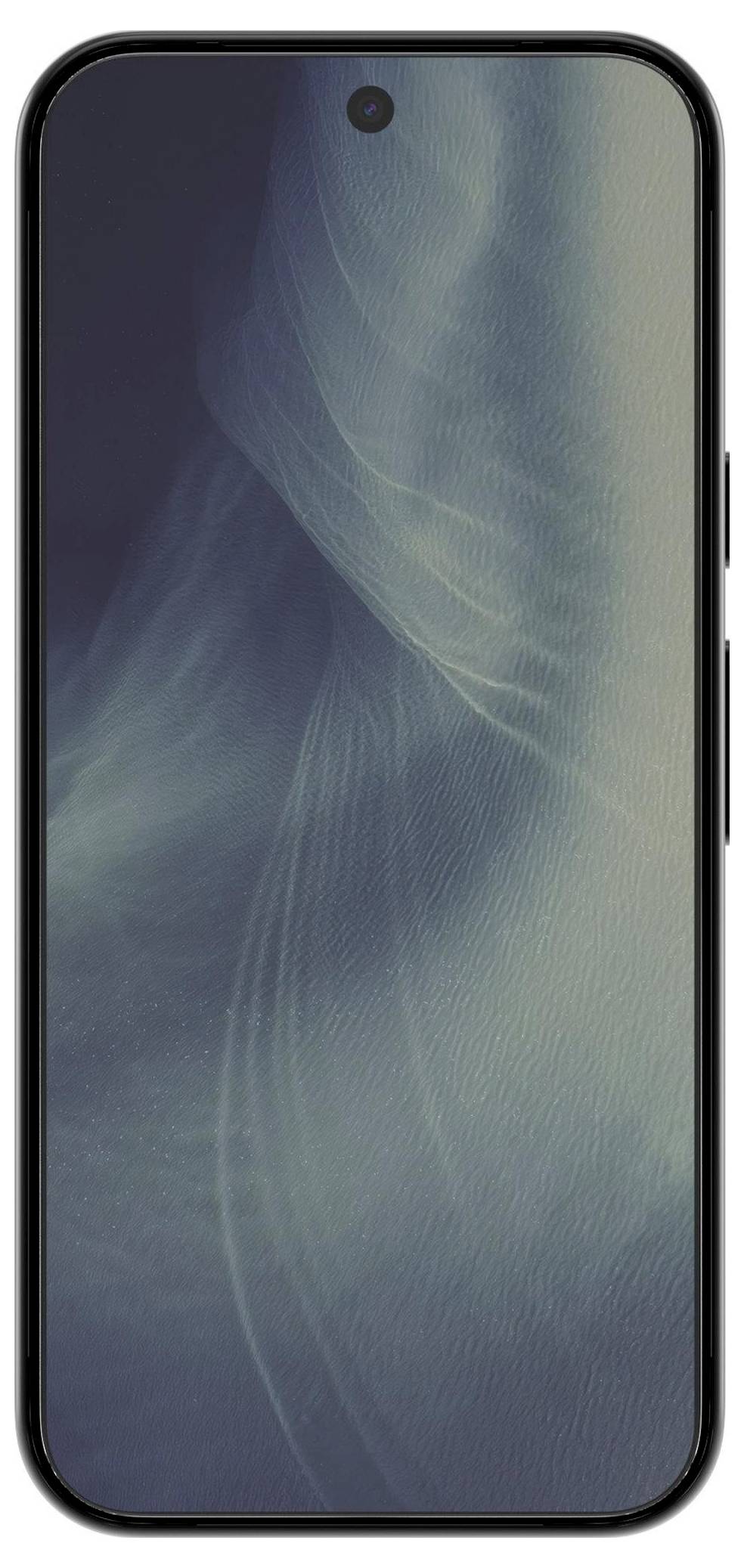 Vorderansicht eines schwarzen Smartphones mit einem nahezu randlosen Display und zentraler Loch-Stanzformkamera an der Vorderseite, die ein blaugrünes abstraktes Hintergrundbild zeigt.