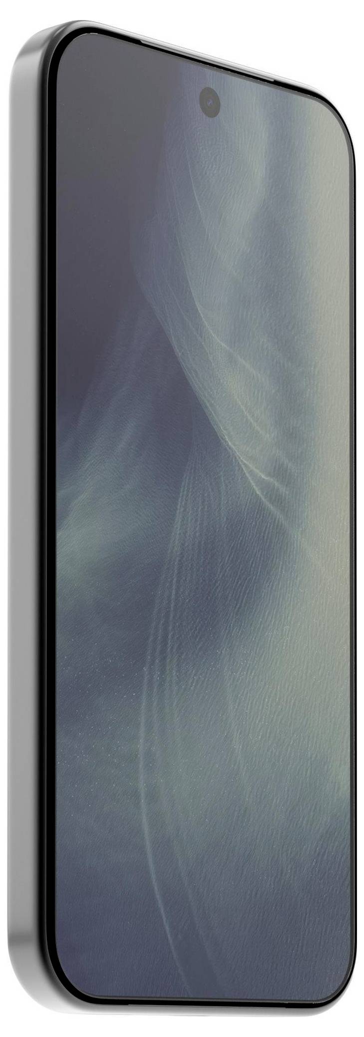 Vorderansicht eines modernen Smartphones mit dünnem Rahmen und zentrierter Frontkamera, leicht angewinkelt vor weißem Hintergrund dargestellt.