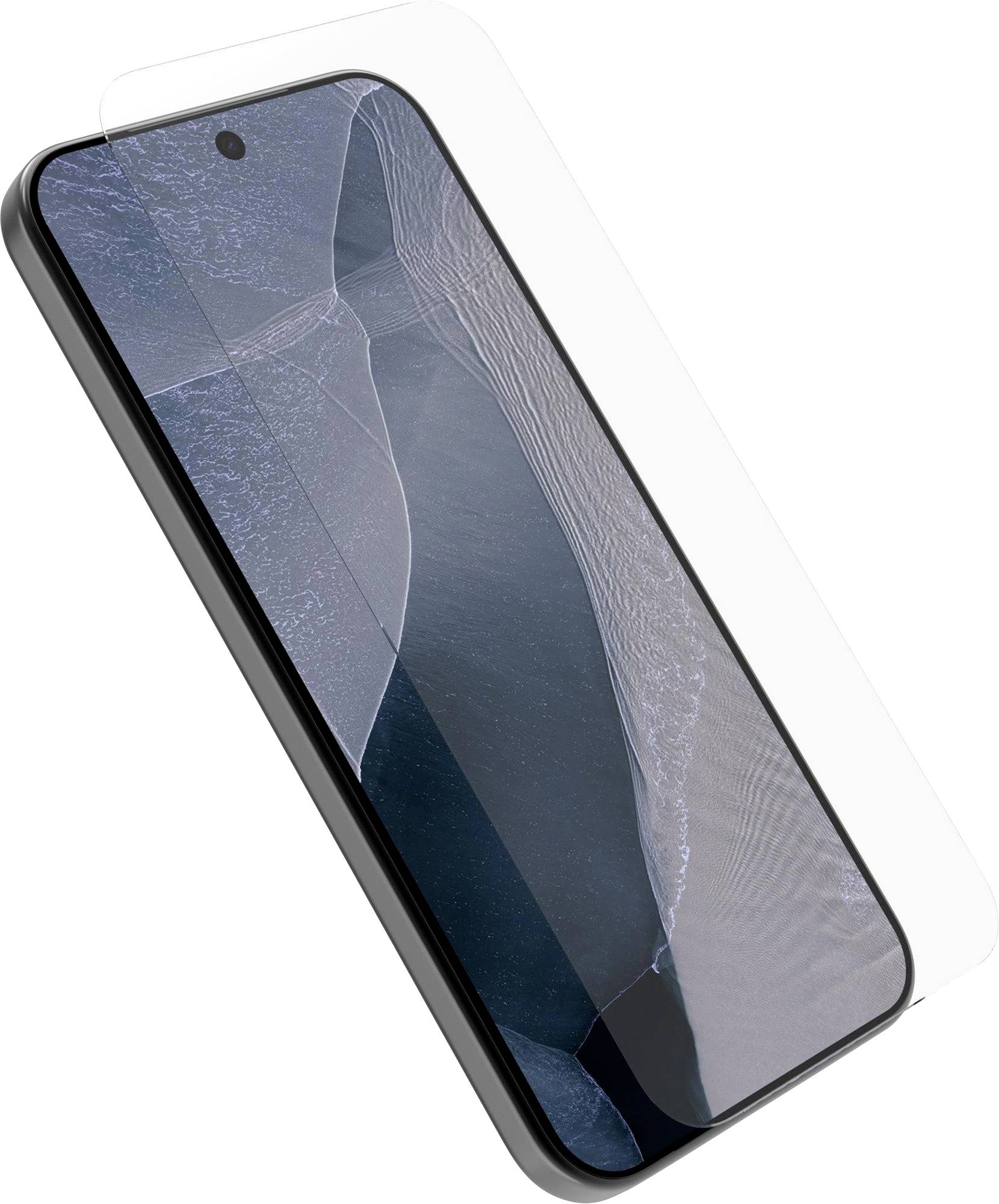 Smartphone mit einer durchsichtigen Displayschutzfolie, die teilweise zurückgezogen ist und ein darunter liegendes beschädigtes oder zerbrochenes Display zeigt.