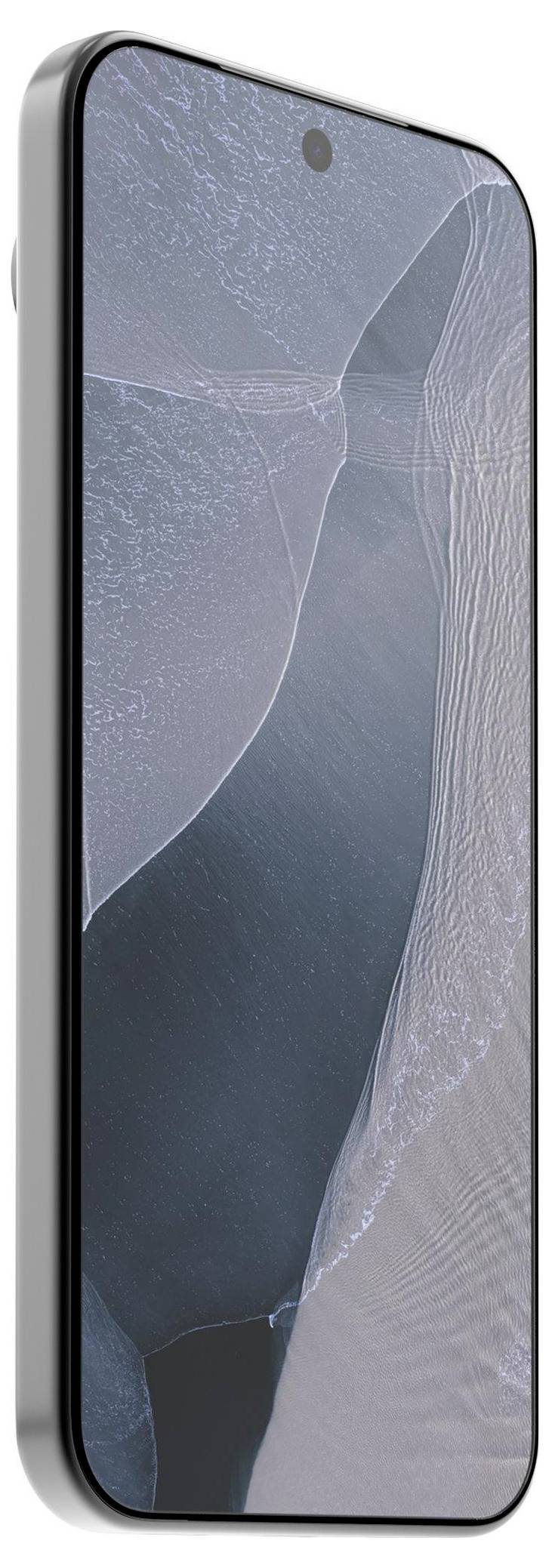 Ein Smartphone mit einem nahezu randlosen Bildschirm und einer zentrierten Loch-Stanzfront-Kamera, in einem Winkel auf weißem Hintergrund gezeigt.