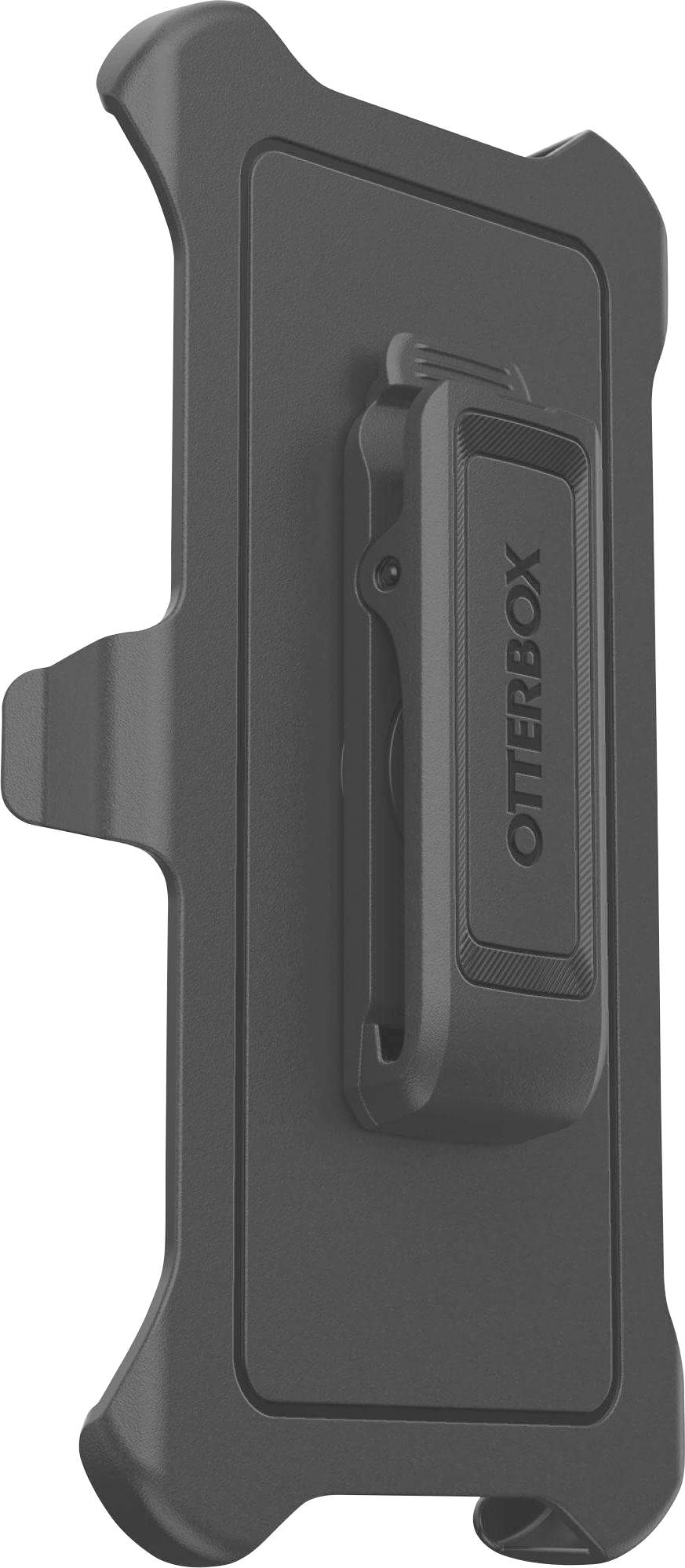 Schwarze OtterBox robuste Telefon-Holster-Schutzhülle mit Clip-Halterung, Vorderansicht auf weißem Hintergrund.