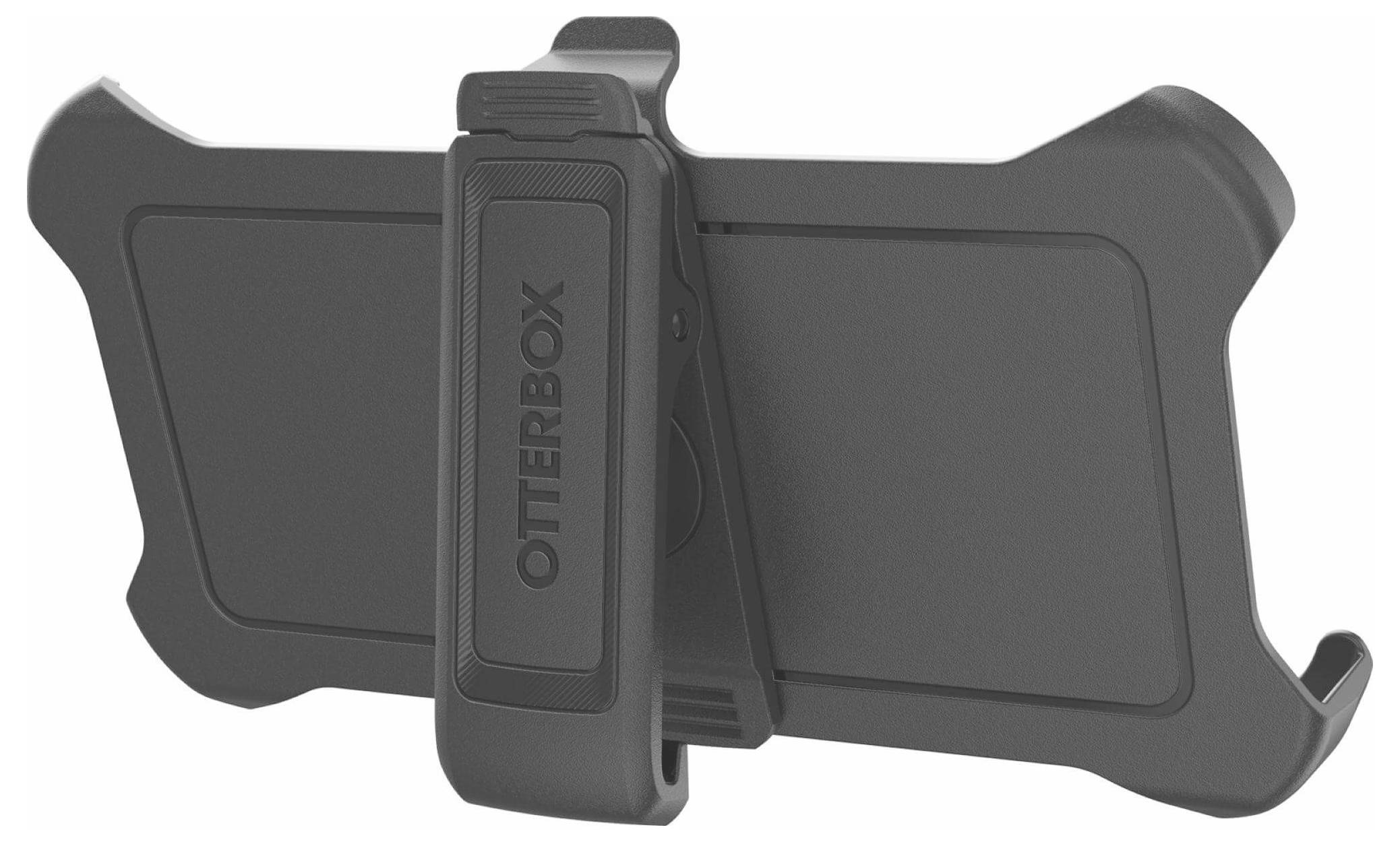 Schwarze OtterBox-Handyhülle in einer rotierenden Gürtelclip-Halterung, von hinten gezeigt mit zentriertem Clip.