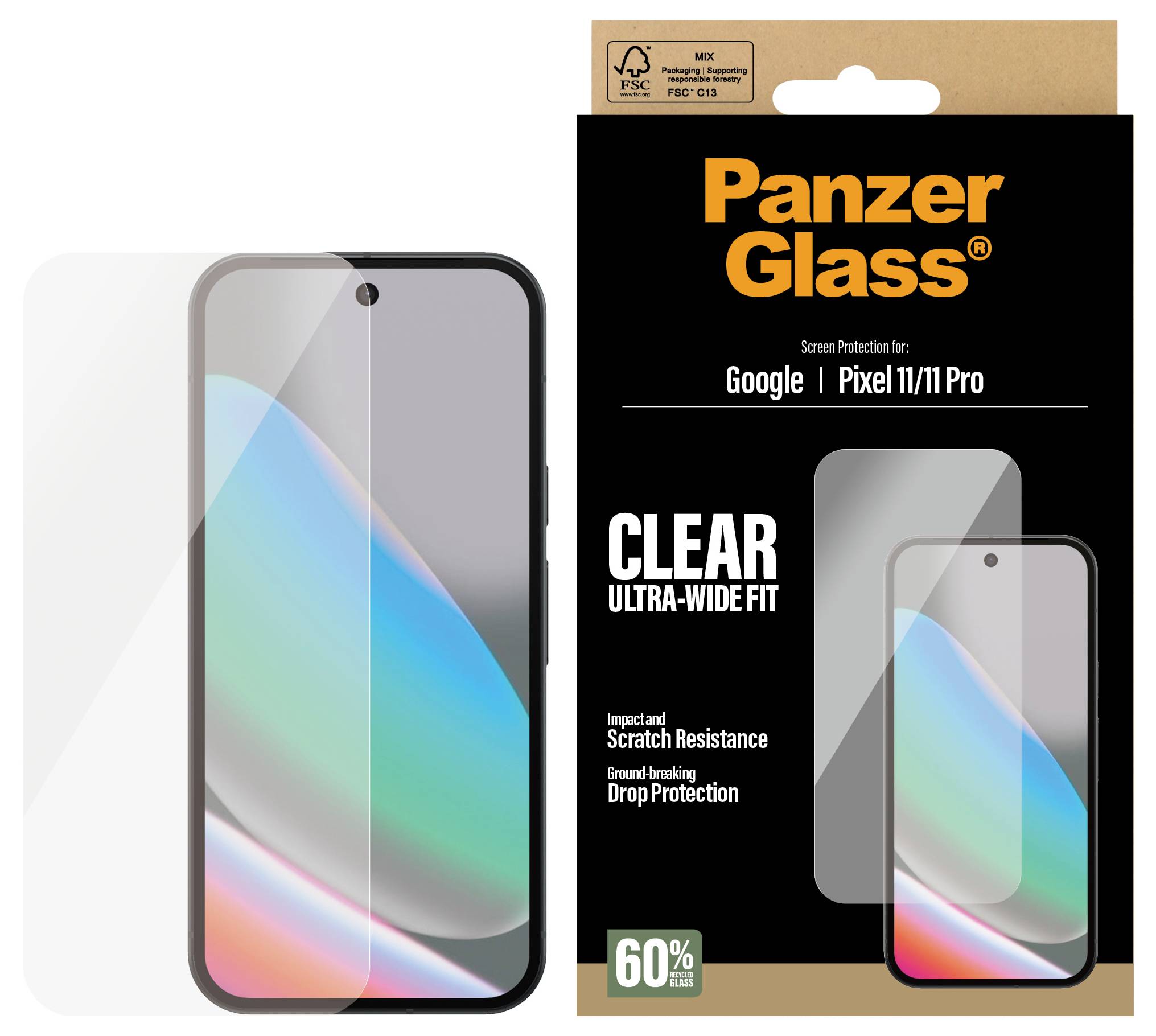 PanzerGlass transparente Displayschutzfolie Verpackung für Google Pixel 11/11 Pro, gezeigt mit einer Telefon-Mockup und Funktionen wie Kratzer- und Fallschutz.