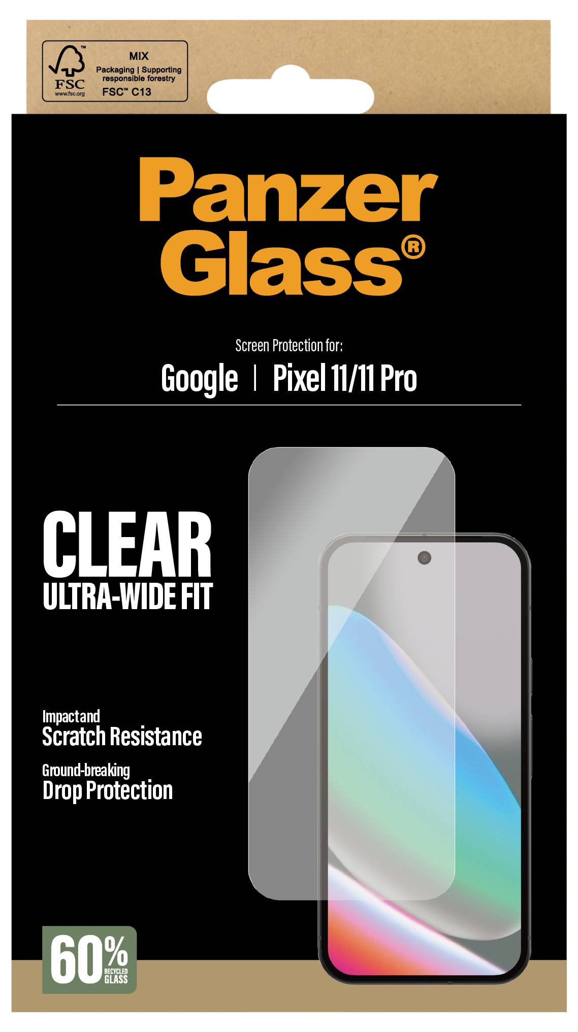 PanzerGlass Displayschutzfolie für Google Pixel 11/11 Pro, beschriftet mit „Clear Ultra-Wide Fit