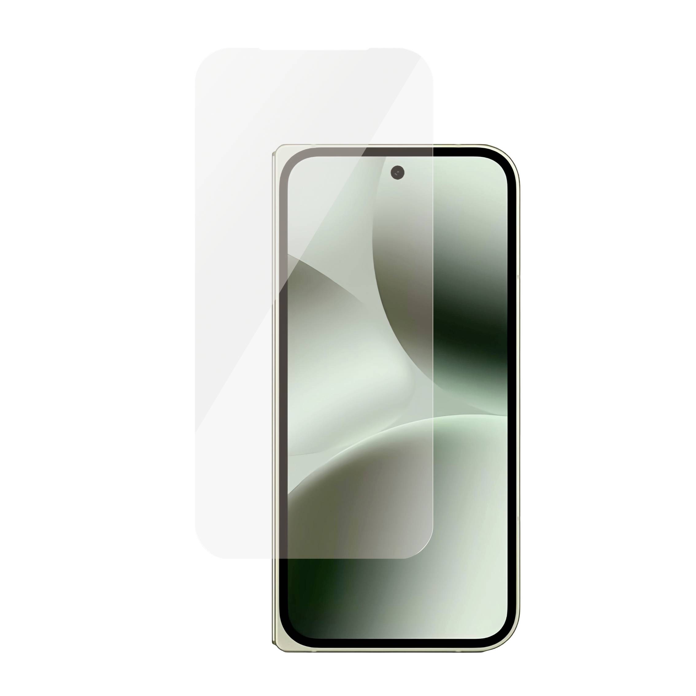 Smartphone-Vorderansicht mit einer klaren Schutzfolie für den Bildschirm, die teilweise auf das Display überlappt.