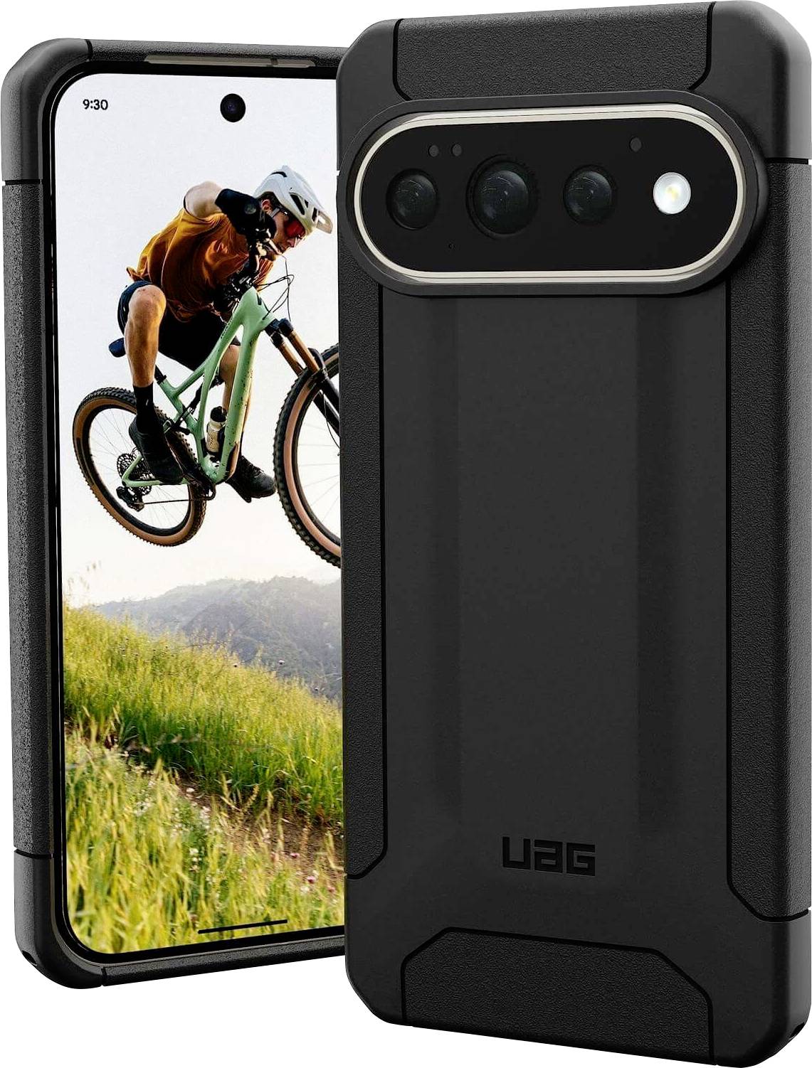 Schwarze UAG-Schutzhülle für robuste Smartphones, dargestellt auf einem Smartphone mit Kameraausschnitt und Fahrrad-Hintergrundbild auf dem Bildschirm.