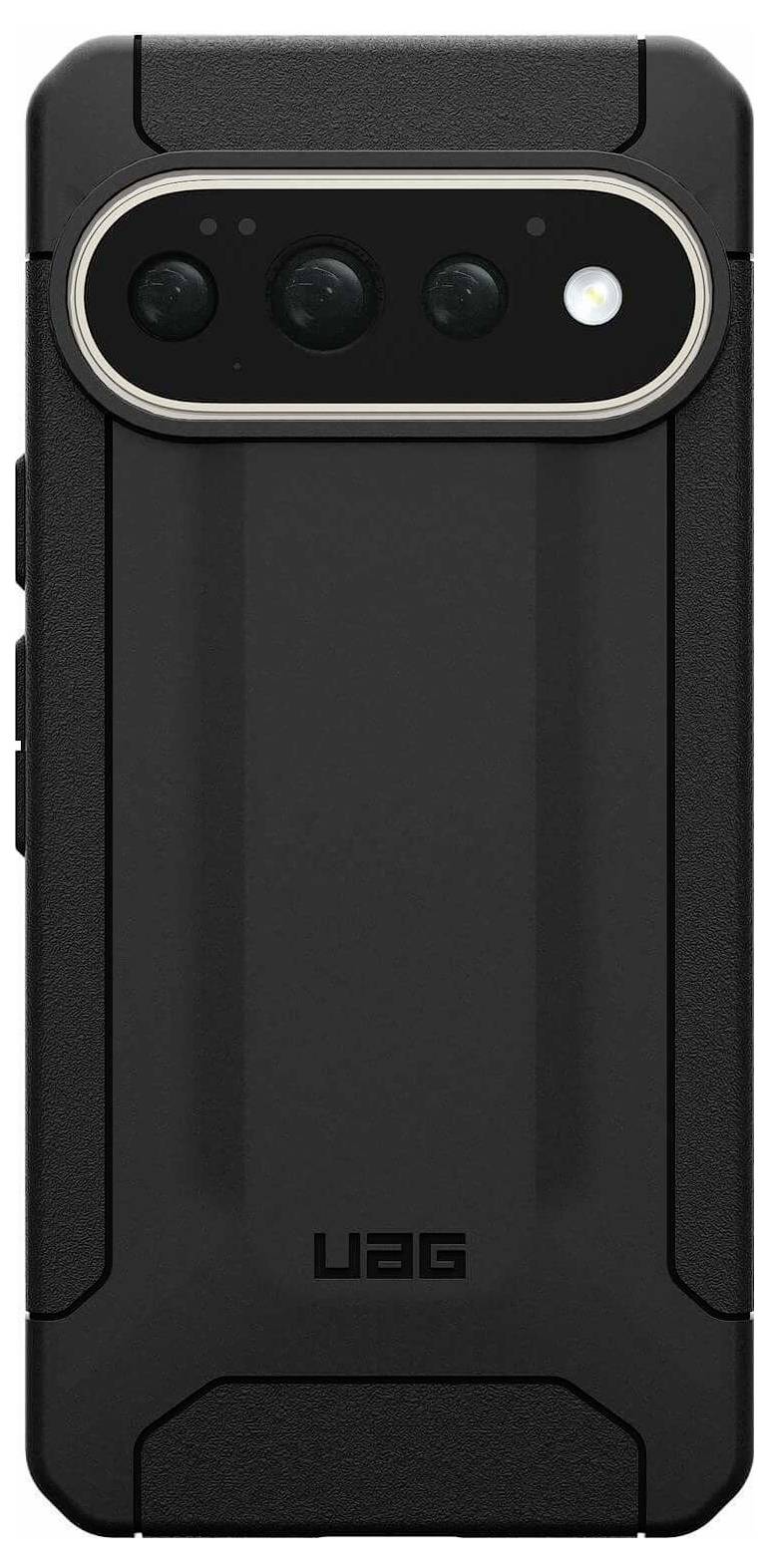 Schwarze UAG-Smartphone-Hülle von hinten gezeigt mit erhöhten Schutzrändern und großem Kameraausschnitt.
