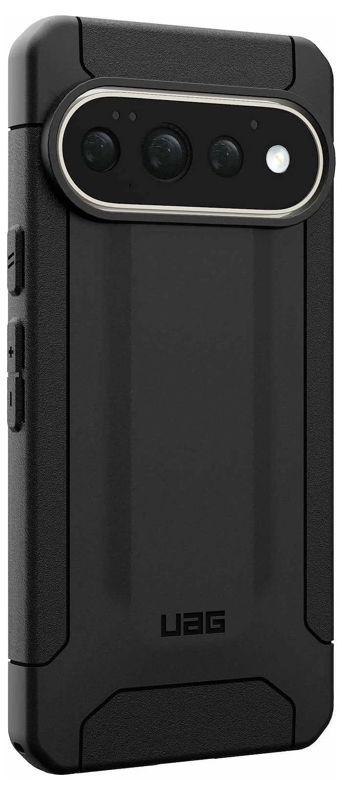 Schwarze UAG-Schutzhülle für Smartphones, von hinten gezeigt, mit erhöbenem horizontalem Kameraausschnitt und robustem strukturiertem Design.