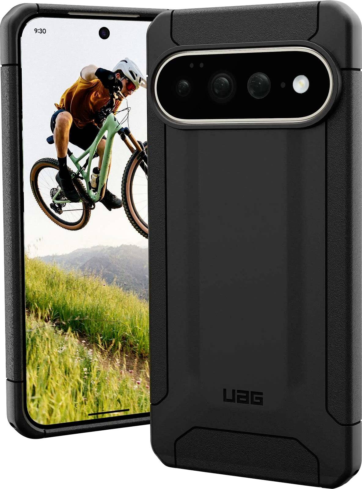Zwei schwarze strapazierfähige Smartphone-Hüllen, eine vorne und eine hinten, mit einem Telefonbildschirm, auf dem ein Mountainbiker mitten im Sprung zu sehen ist.