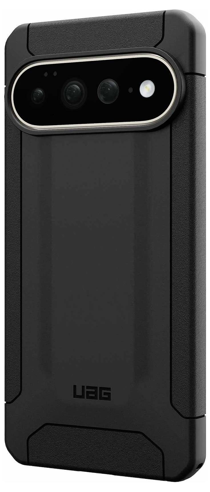 Schwarze UAG-Schutzsmartphone-Hülle von hinten gezeigt, mit ausgestanztem horizontalen Kameraausschnitt und UAG-Logo in der Nähe des unteren Endes.