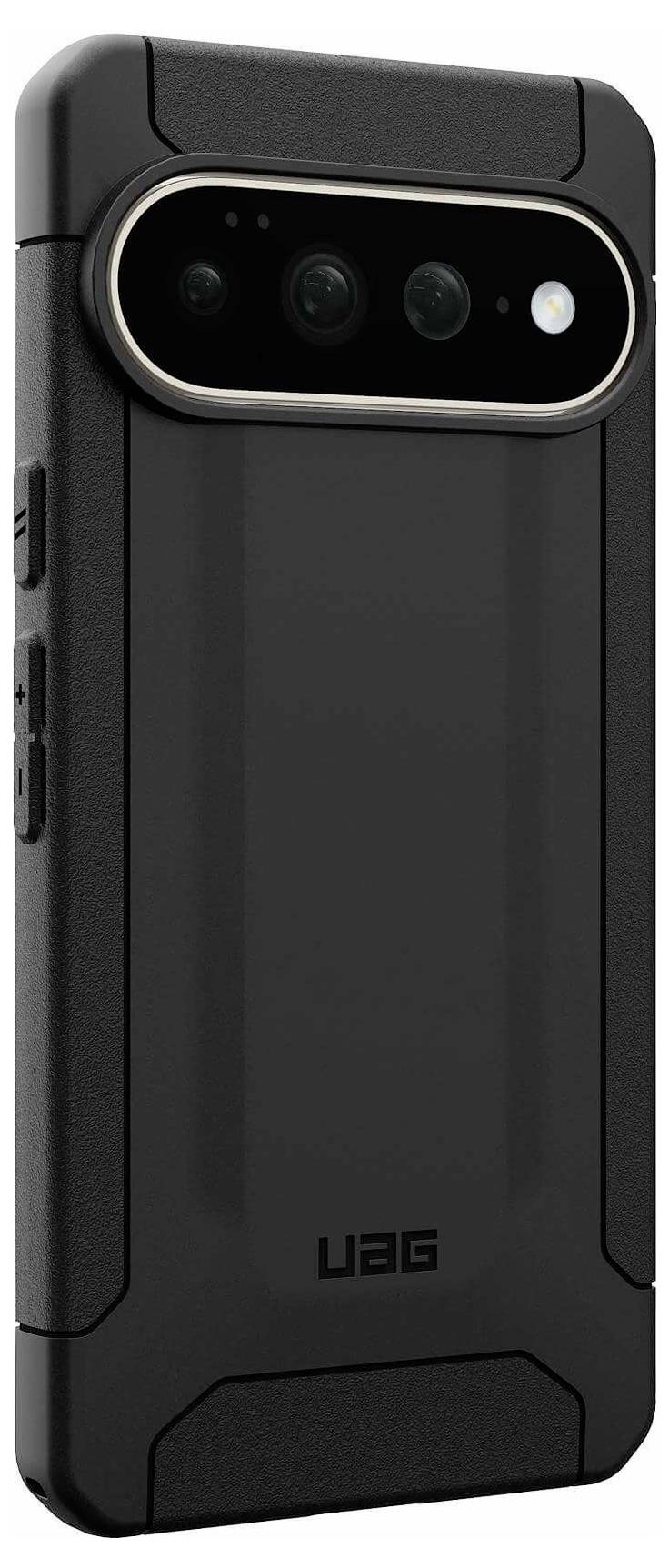 Schwarzes UAG-Smartphone-Gehäuse von hinten gezeigt, mit erhöhtem horizontalem Kameraausschnitt und robustem Schutzdesign.