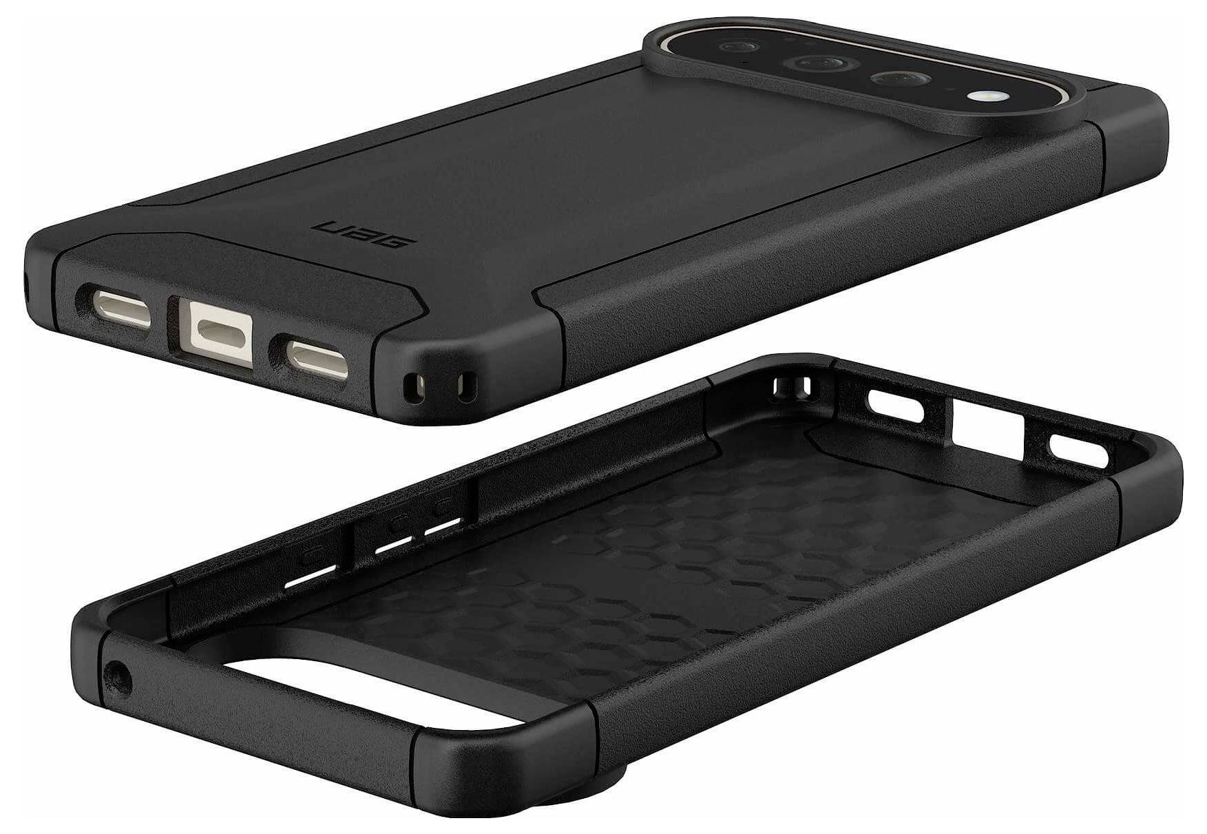 Schwarze Smartphone-Schutzschale, dargestellt mit der befestigten Rückabdeckung oben und der offenen Schutzschale unten, die Aussparungen für Kamera und Anschlüsse zeigt.