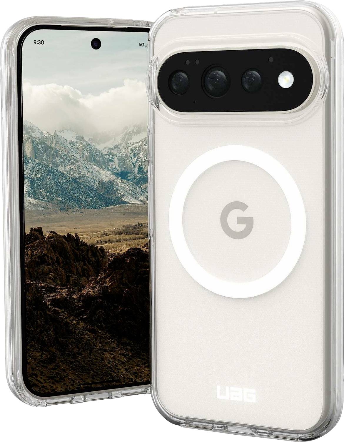 Zwei durchsichtige Handyhüllen, die die Vorder- und Rückseite eines Google Pixel-ähnlichen Telefons zeigen, mit einer Berglandschafts-Hintergrund und einem weißen 'G'-Ring auf der Rückseite.