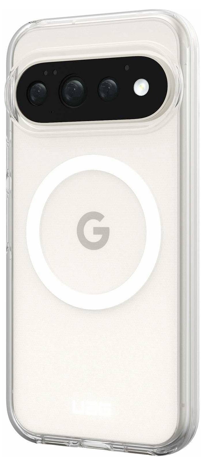Transparente Handyhülle, die die Rückseite eines weißen Google Pixel-Telefons zeigt, mit der sichtbaren Kameraleiste und dem zentrierten Google 'G'-Logo.
