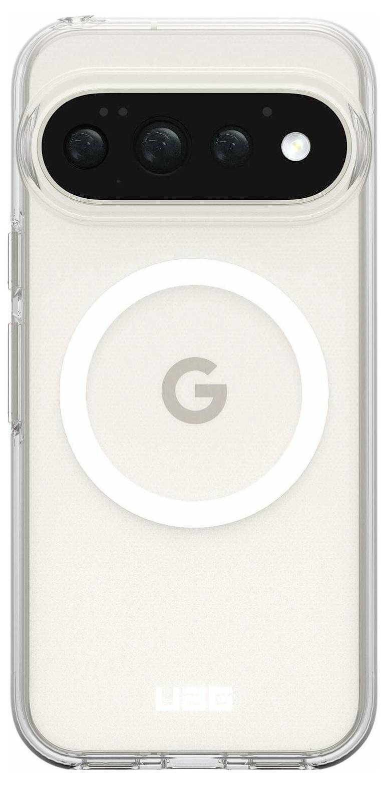 Rückseite eines Google Pixel-Telefons in einer transparenten Hülle, die die hintere Kamerazeile und das zentrierte 'G'-Logo zeigen.