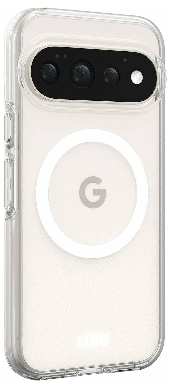 Klare Hülle für ein Google Pixel Telefon, die die rückwärtige Kameraleiste, das weiße 