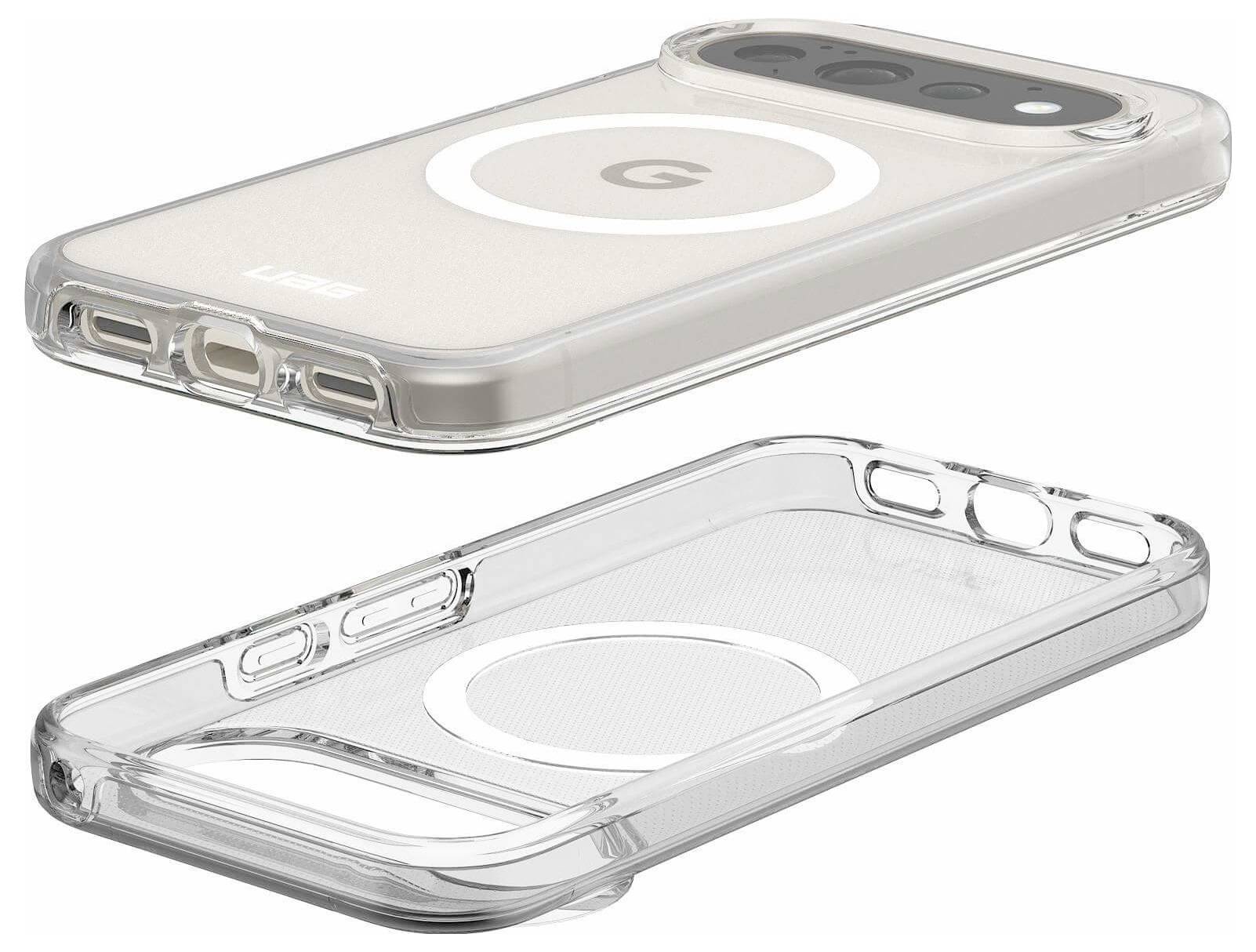 Zwei klare Smartphone-Hüllen, von vorne und hinten gezeigt, mit MagSafe-ähnlichen kreisförmigen Ringen und erhöhtem Kameraschu­tz.