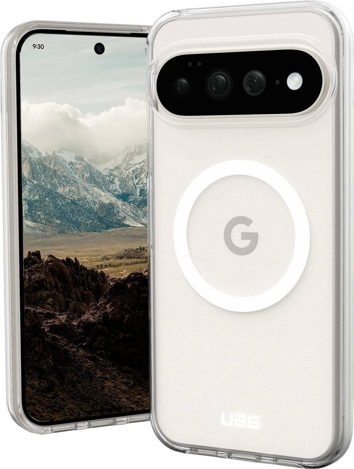 Zwei Google Pixel-Telefone in transparenten Hüllen, eines zeigt eine Berglandschaft auf dem Bildschirm und das andere zeigt die Rückseite mit einer Kameraleiste und G-Logo.