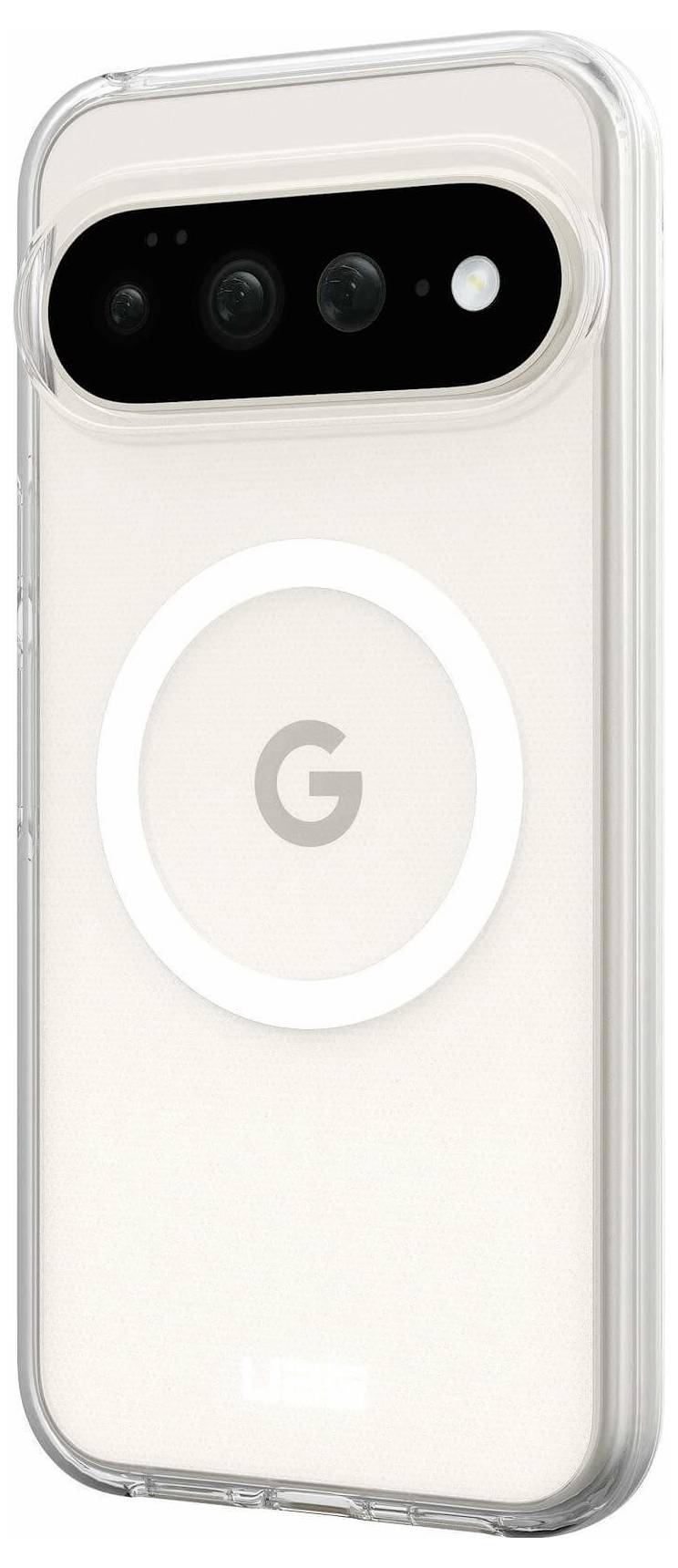 Rückansicht eines Google Pixel-Telefons in einer transparenten Hülle, die die horizontale Kameraleiste und das zentrierte 