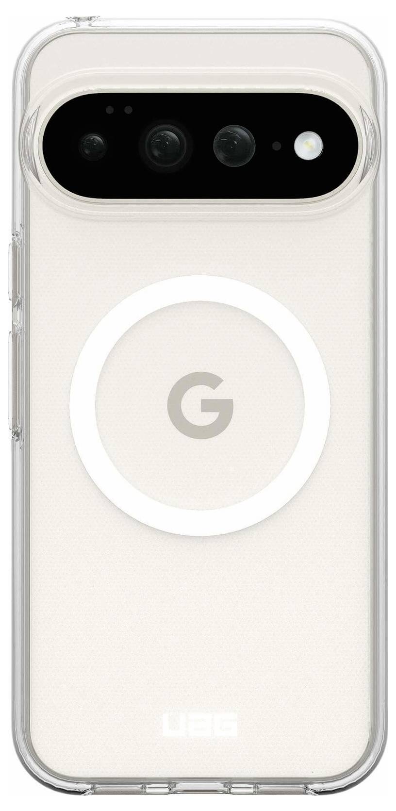 Transparente Schutzhülle auf einem weißen Google Pixel-Telefon, die die hintere Kameraleiste, das Blitzlicht und einen großen kreisförmigen MagSafe-ähnlichen Ring mit zentriertem 