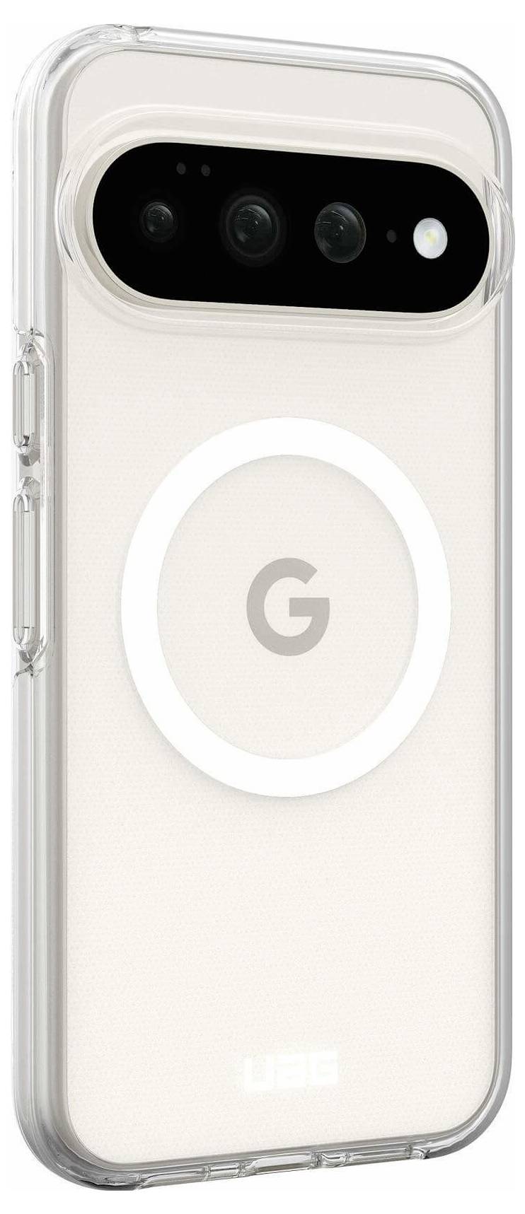 Weißes Google Pixel-Telefon in einer transparenten Schutzhülle, zeigt die hintere Kameraeinheit und das zentrierte 'G'-Logo.
